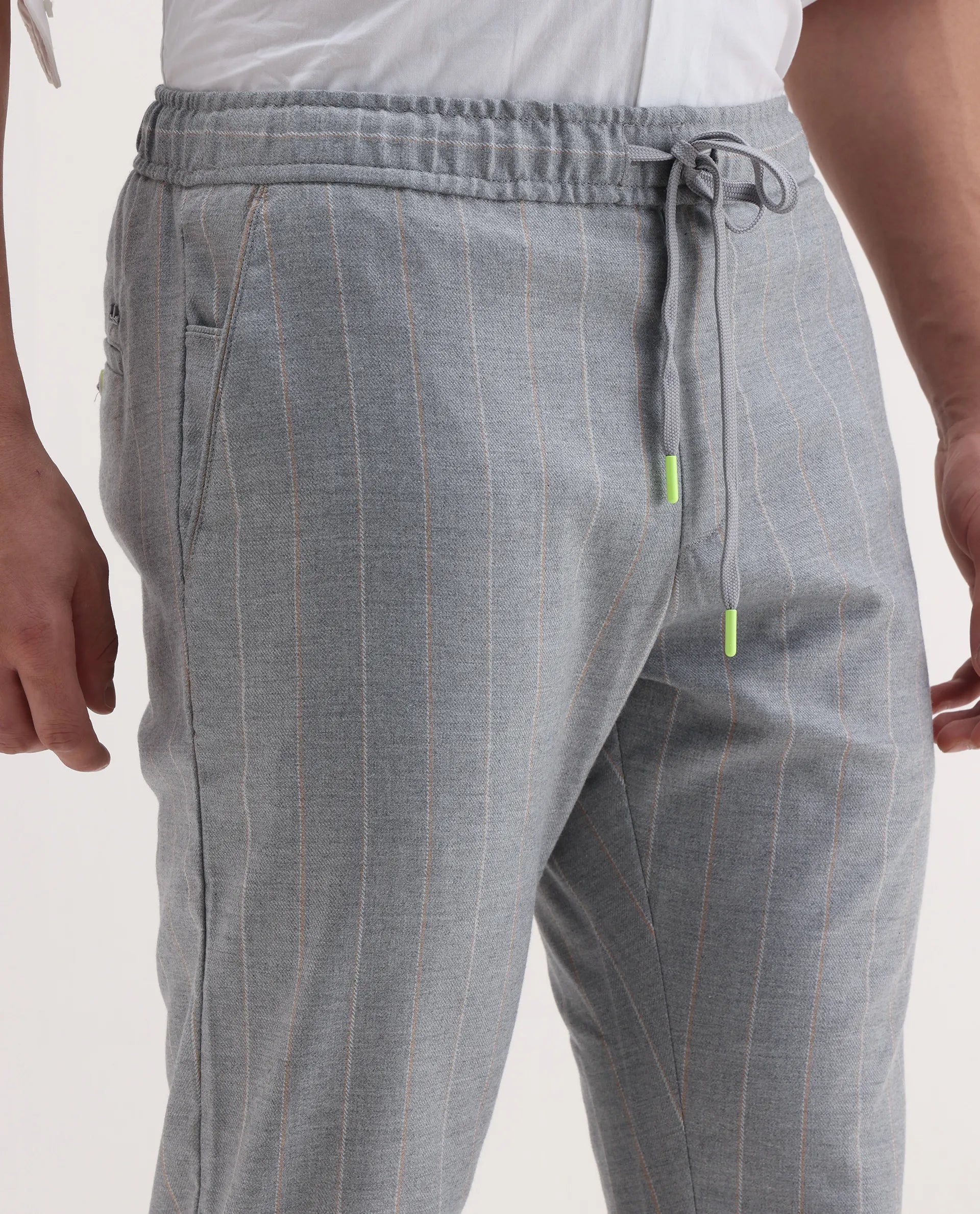 Rare Rabbit Men's Elms Grey Cotton Striped Print Regular Fit Trouser