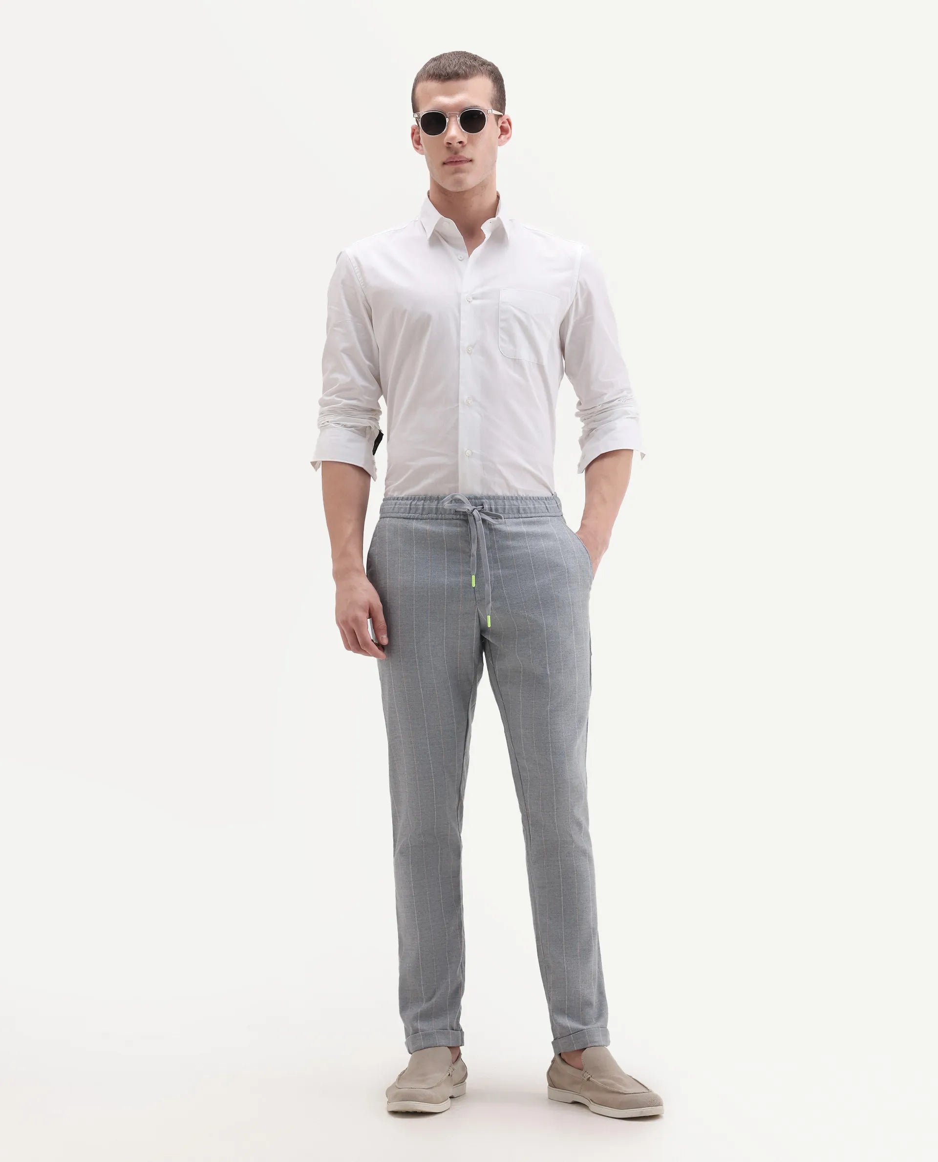 Rare Rabbit Men's Elms Grey Cotton Striped Print Regular Fit Trouser