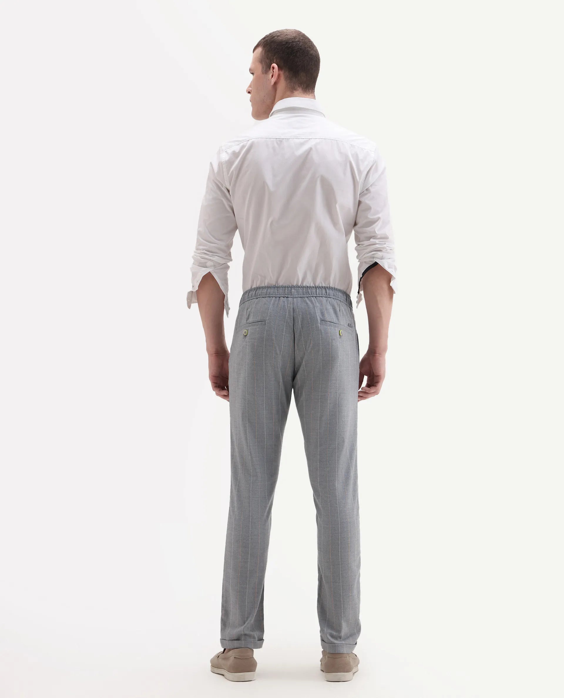 Rare Rabbit Men's Elms Grey Cotton Striped Print Regular Fit Trouser