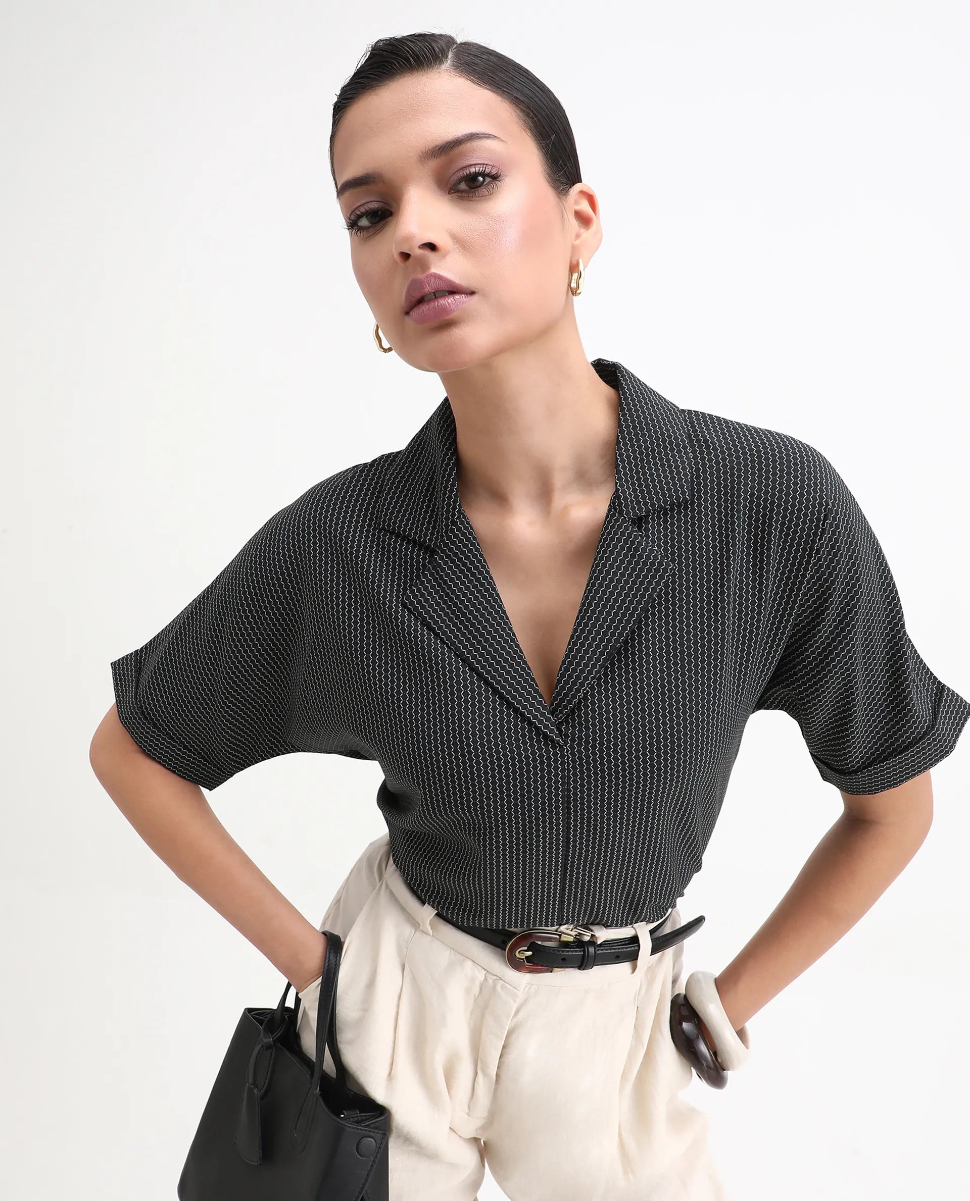 Rareism Women's Elnin Black Viscose Extended Sleeves Lapel Neck Regular Fit Top