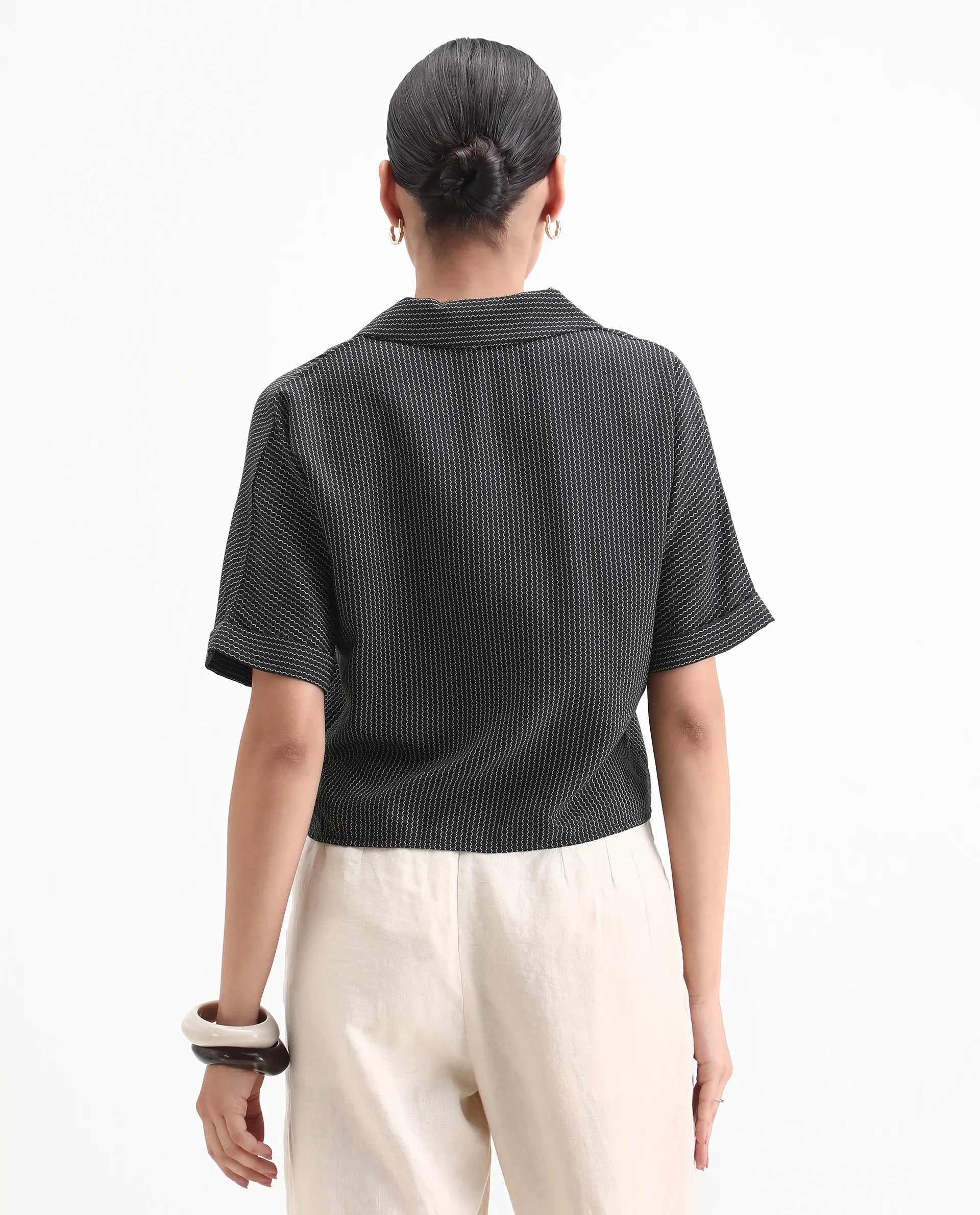 Rareism Women's Elnin Black Viscose Extended Sleeves Lapel Neck Regular Fit Top