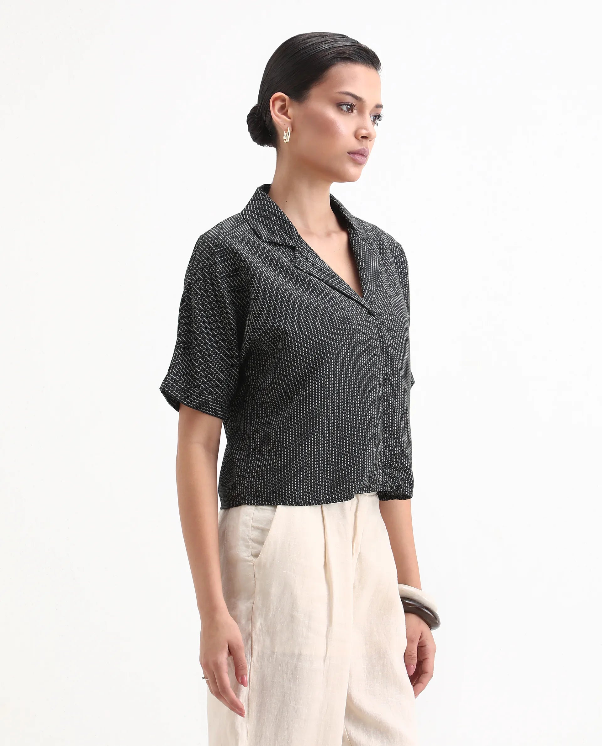 Rareism Women's Elnin Black Viscose Extended Sleeves Lapel Neck Regular Fit Top