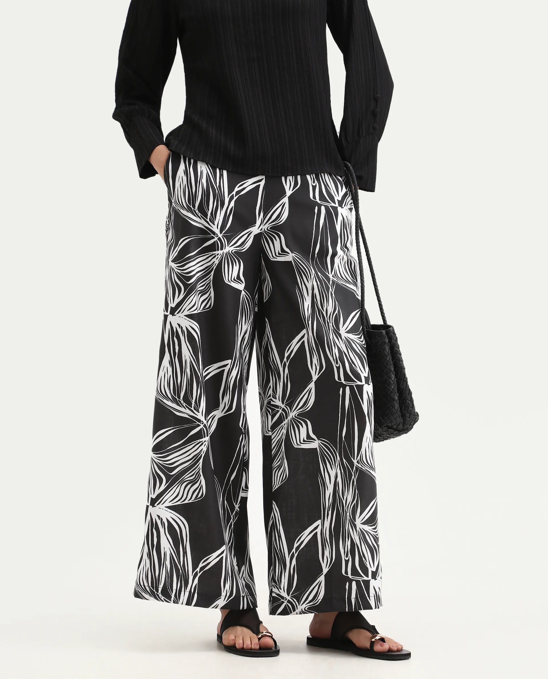 Rareism Women's Eloff-B Black Polyester Zipper Closure Wide Ankle Length Abstract Print Trouser