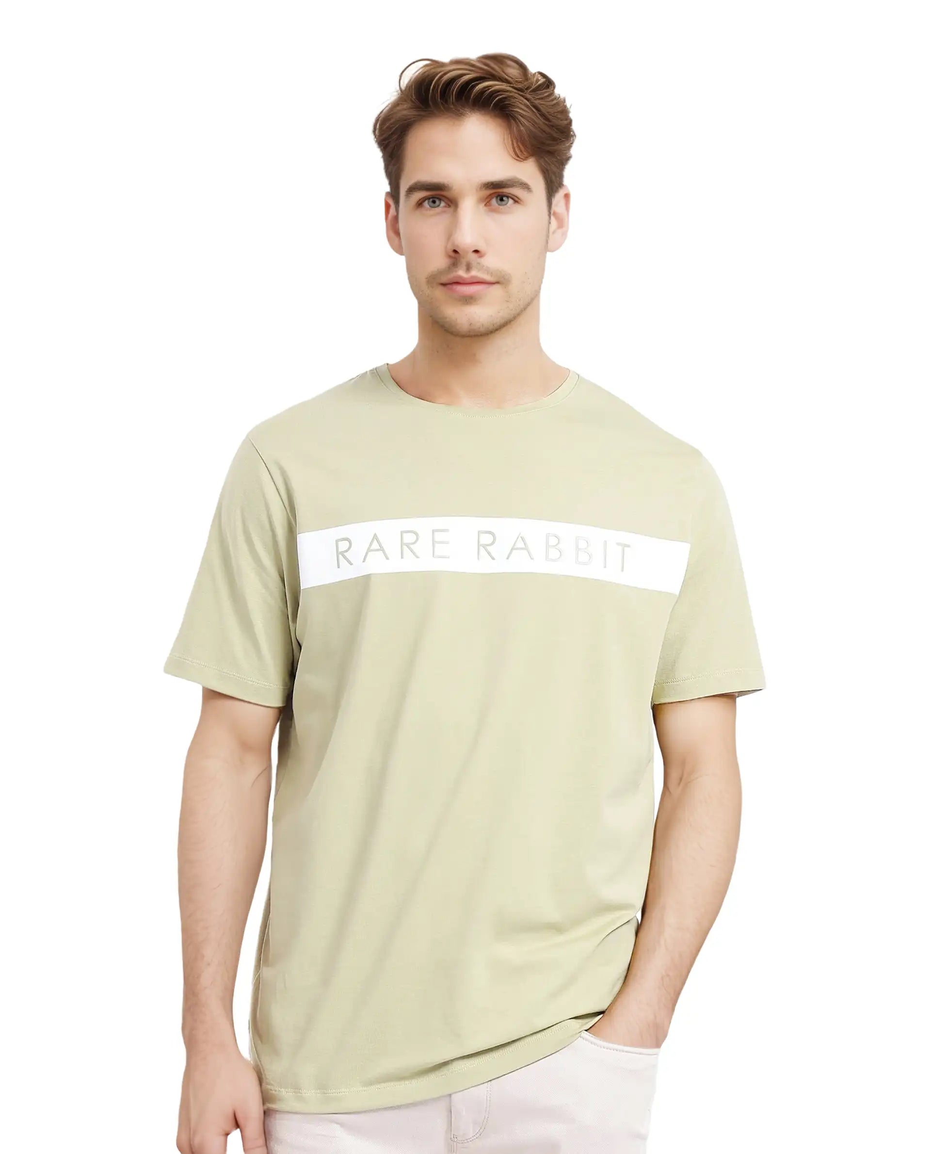 Rare Rabbit Men's Eloise-1 Light Green Cotton Lycra Fabric Short Sleeve Crew Neck Graphic Print T-Shirt