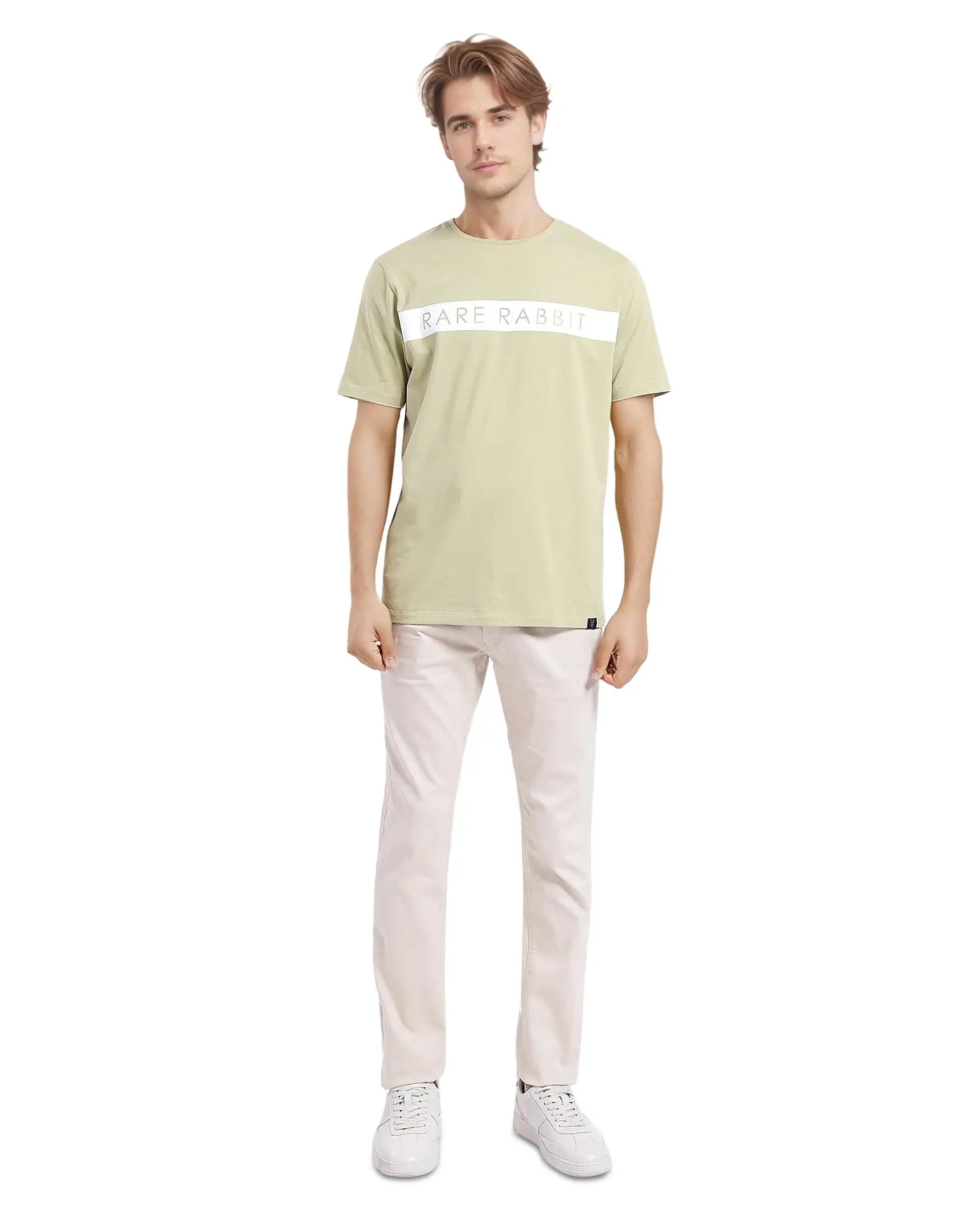 Rare Rabbit Men's Eloise-1 Light Green Cotton Lycra Fabric Short Sleeve Crew Neck Graphic Print T-Shirt