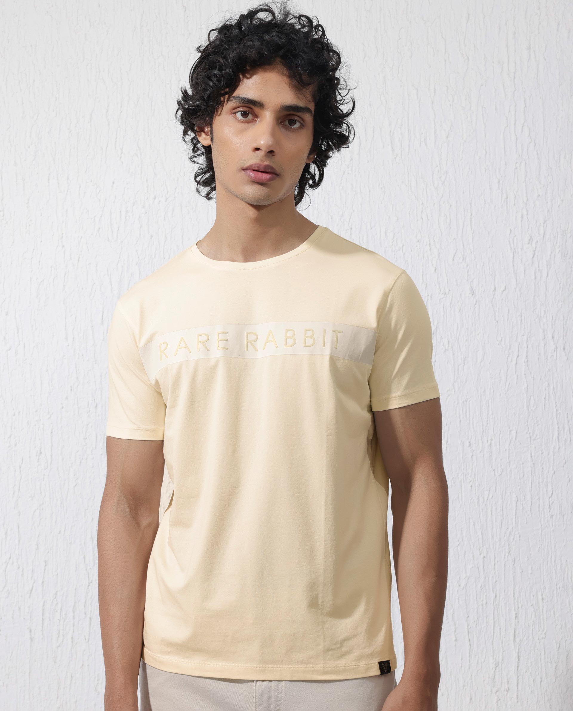 Rare Rabbit Mens Eloise Light Yellow Cotton Lycra Fabric Half Sleeves Graphic Print T-Shirt