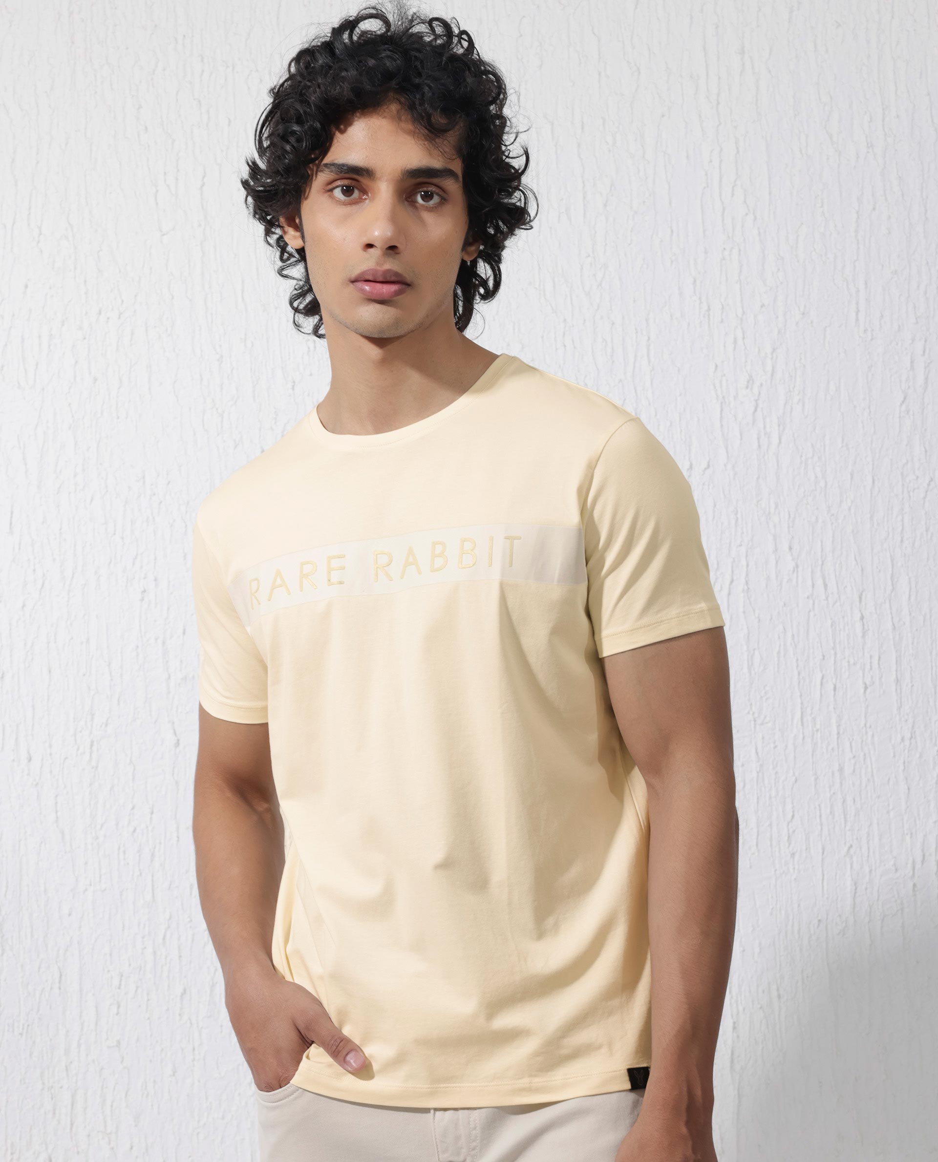 Rare Rabbit Mens Eloise Light Yellow Cotton Lycra Fabric Half Sleeves Graphic Print T-Shirt