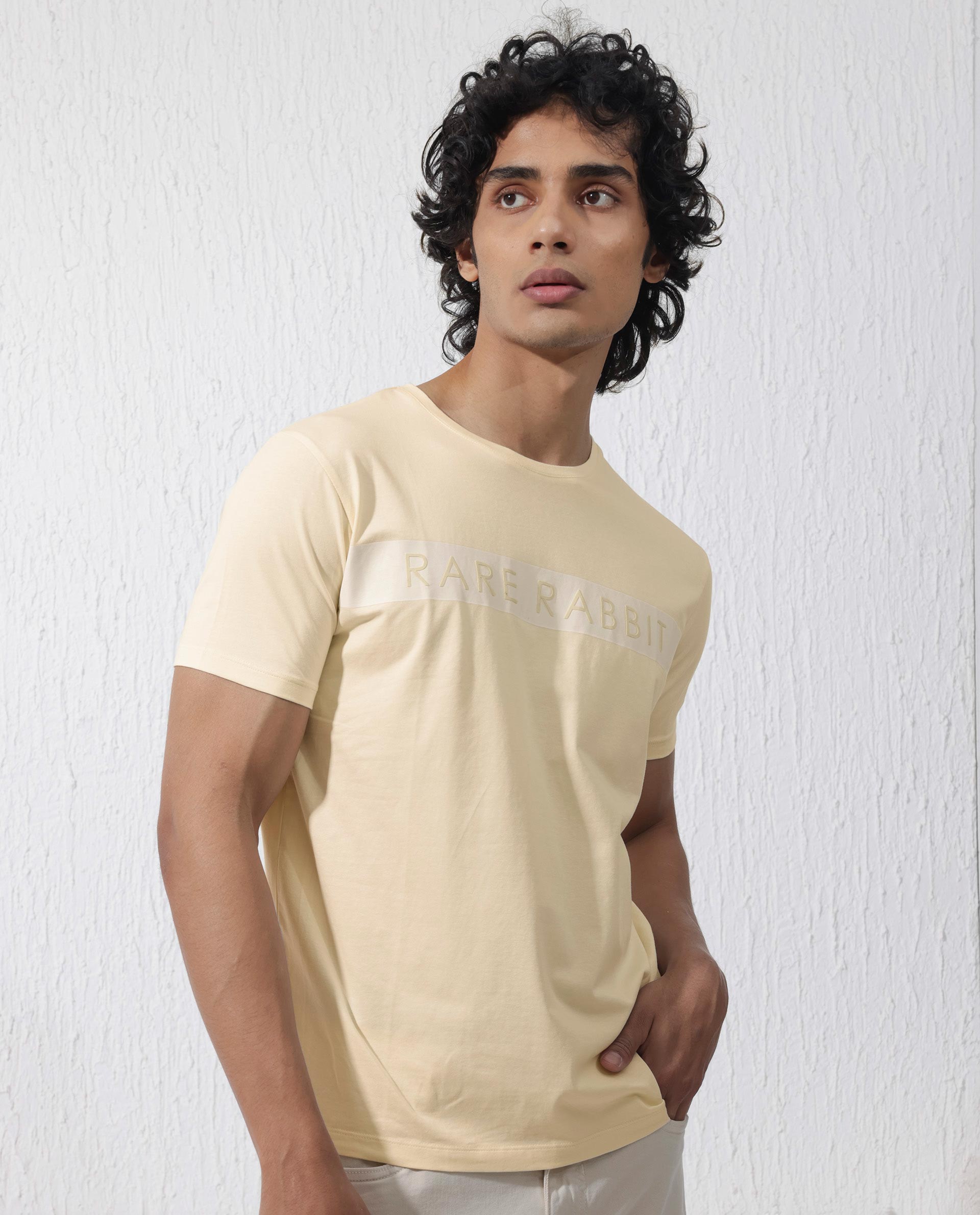 Rare Rabbit Mens Eloise Light Yellow Cotton Lycra Fabric Half Sleeves Graphic Print T-Shirt