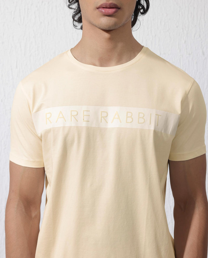 Rare Rabbit Mens Eloise Light Yellow Cotton Lycra Fabric Half Sleeves Graphic Print T-Shirt