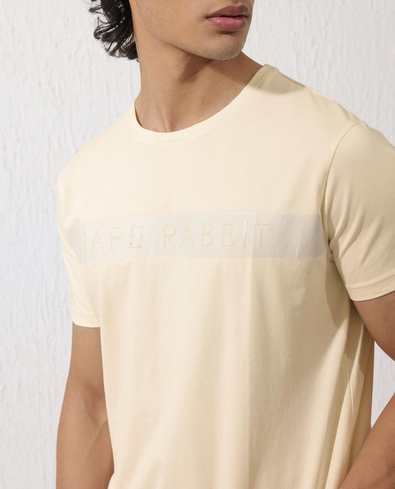 Rare Rabbit Mens Eloise Light Yellow Cotton Lycra Fabric Half Sleeves Graphic Print T-Shirt