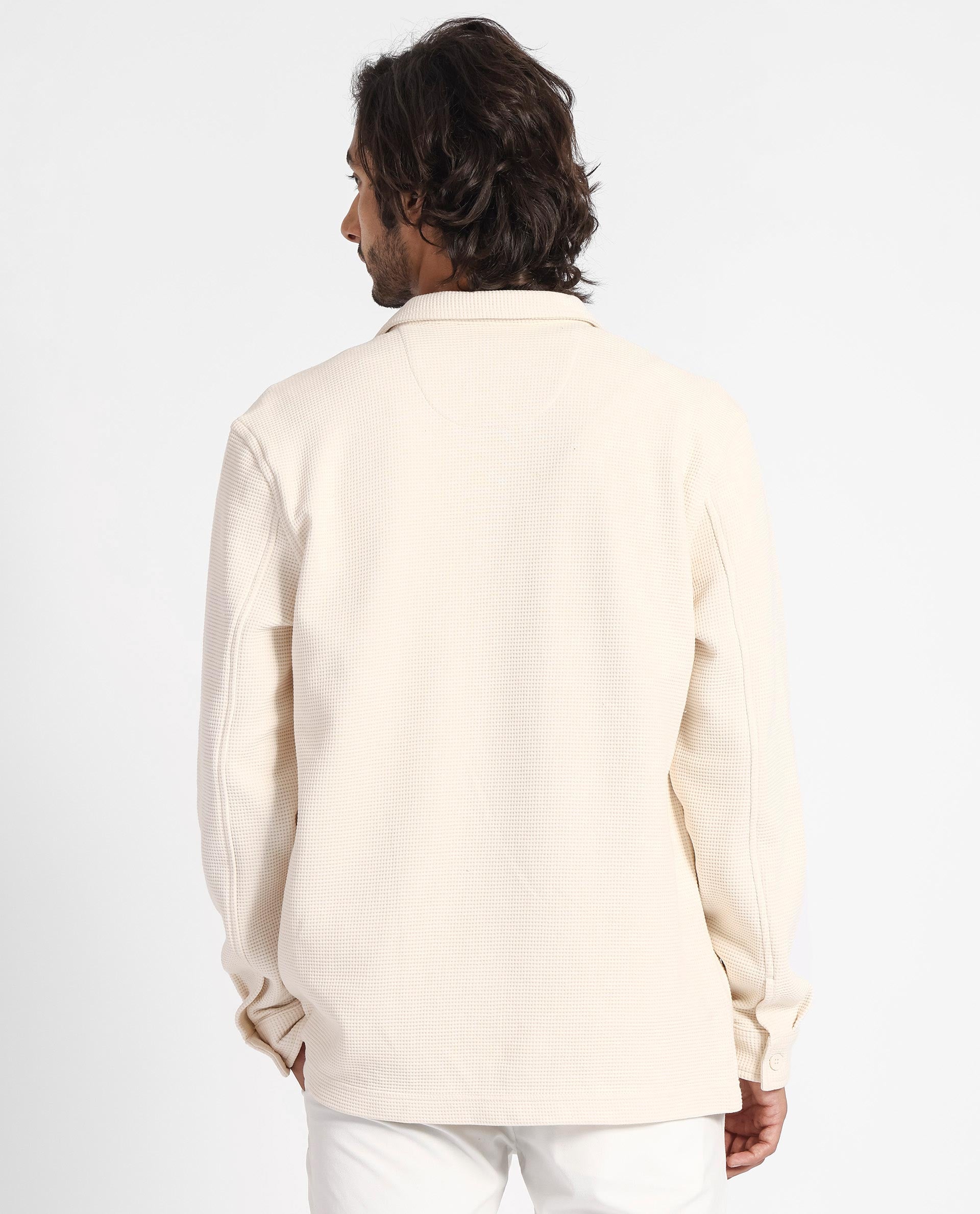 Rare Rabbit Men's Elric Light Beige Plain Regular Collar Waffle Knit Shacket