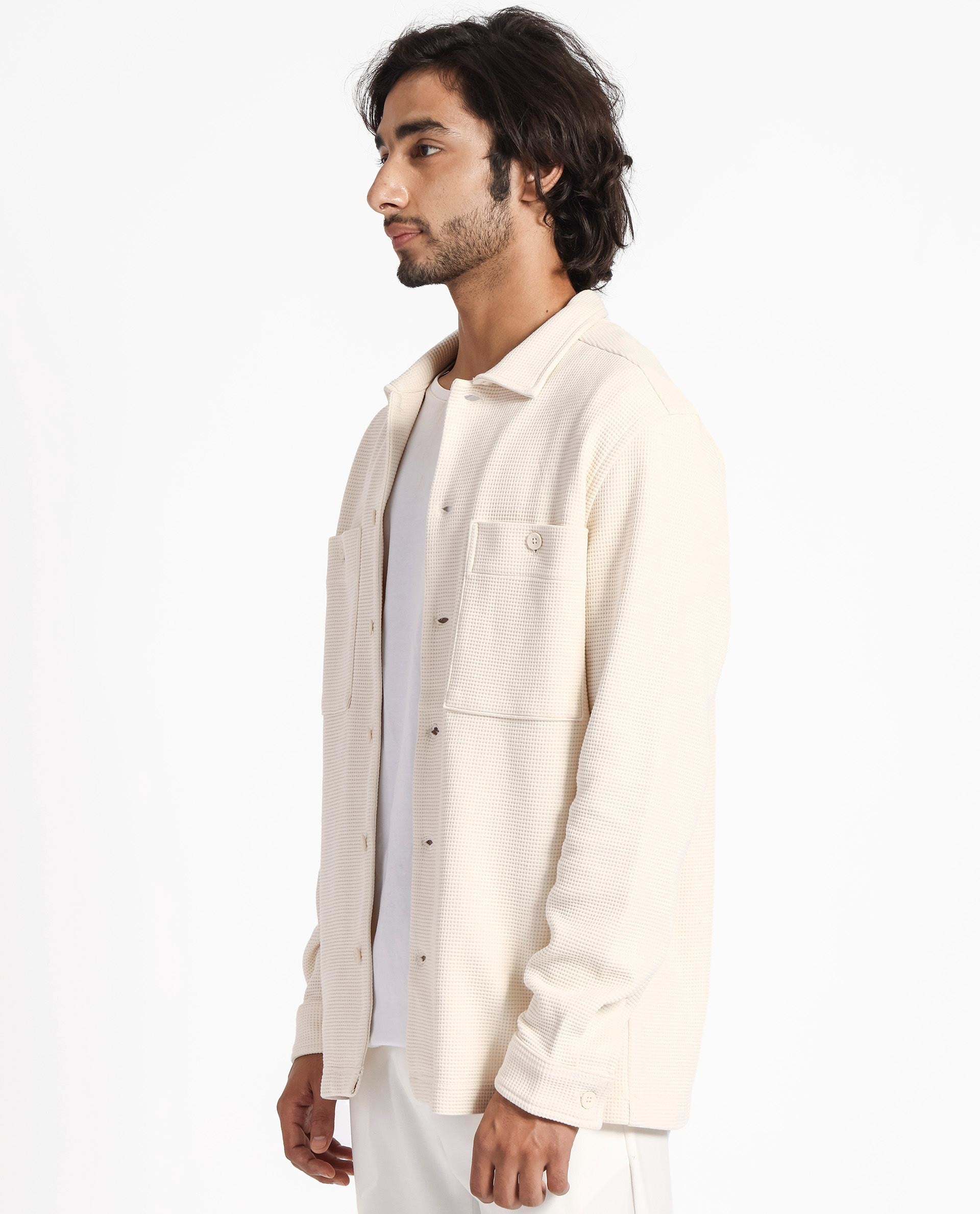 Rare Rabbit Men's Elric Light Beige Plain Regular Collar Waffle Knit Shacket