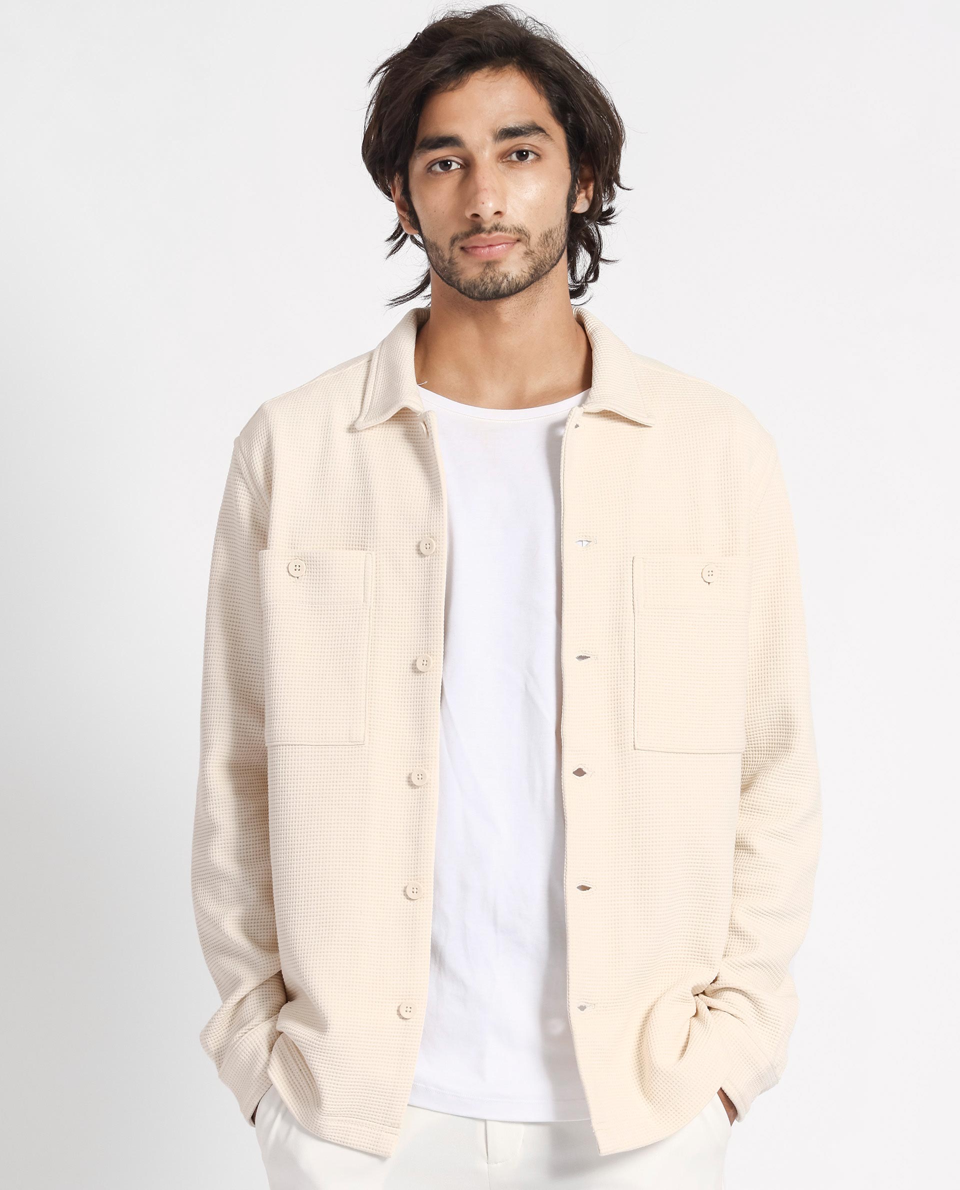 Rare Rabbit Men's Elric Light Beige Plain Regular Collar Waffle Knit Shacket