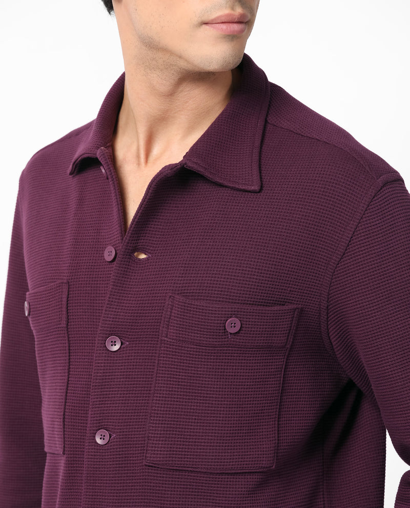 Rare Rabbit Men's Elric Dark Purple Regular Collar Waffle Knit Shacket
