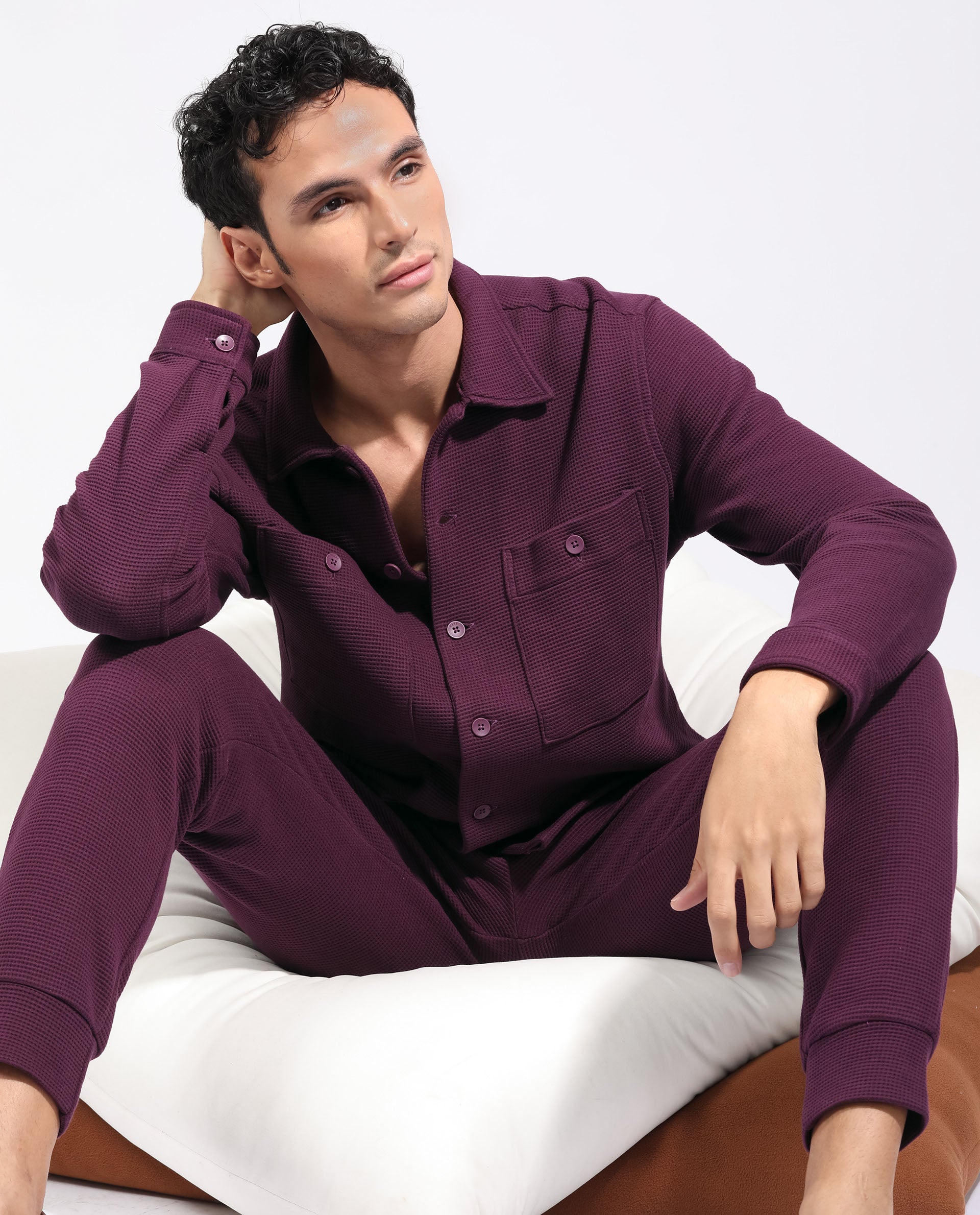 Rare Rabbit Men's Elric Dark Purple Regular Collar Waffle Knit Shacket