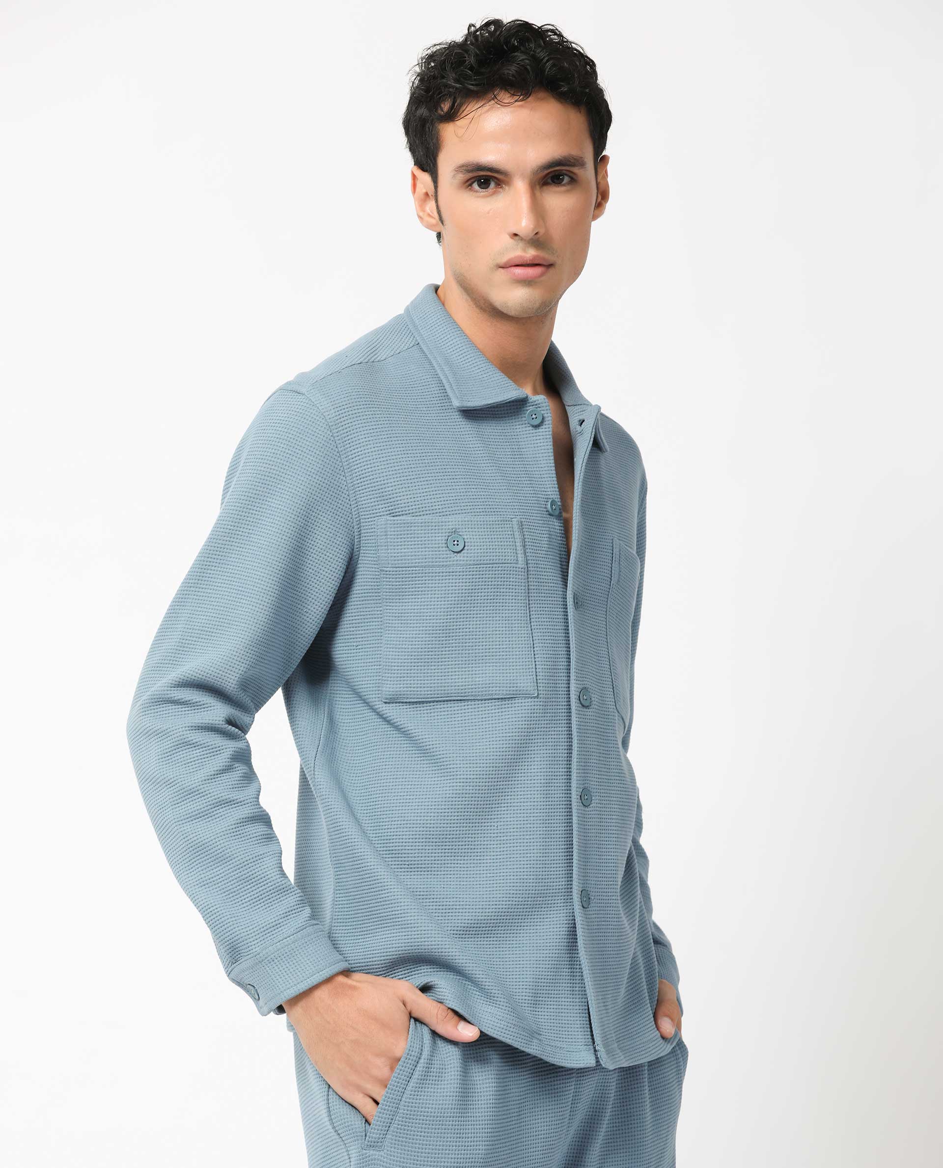 Rare Rabbit Men's Elric Dusky Teal Plain Regular Collar Waffle Knit Shacket