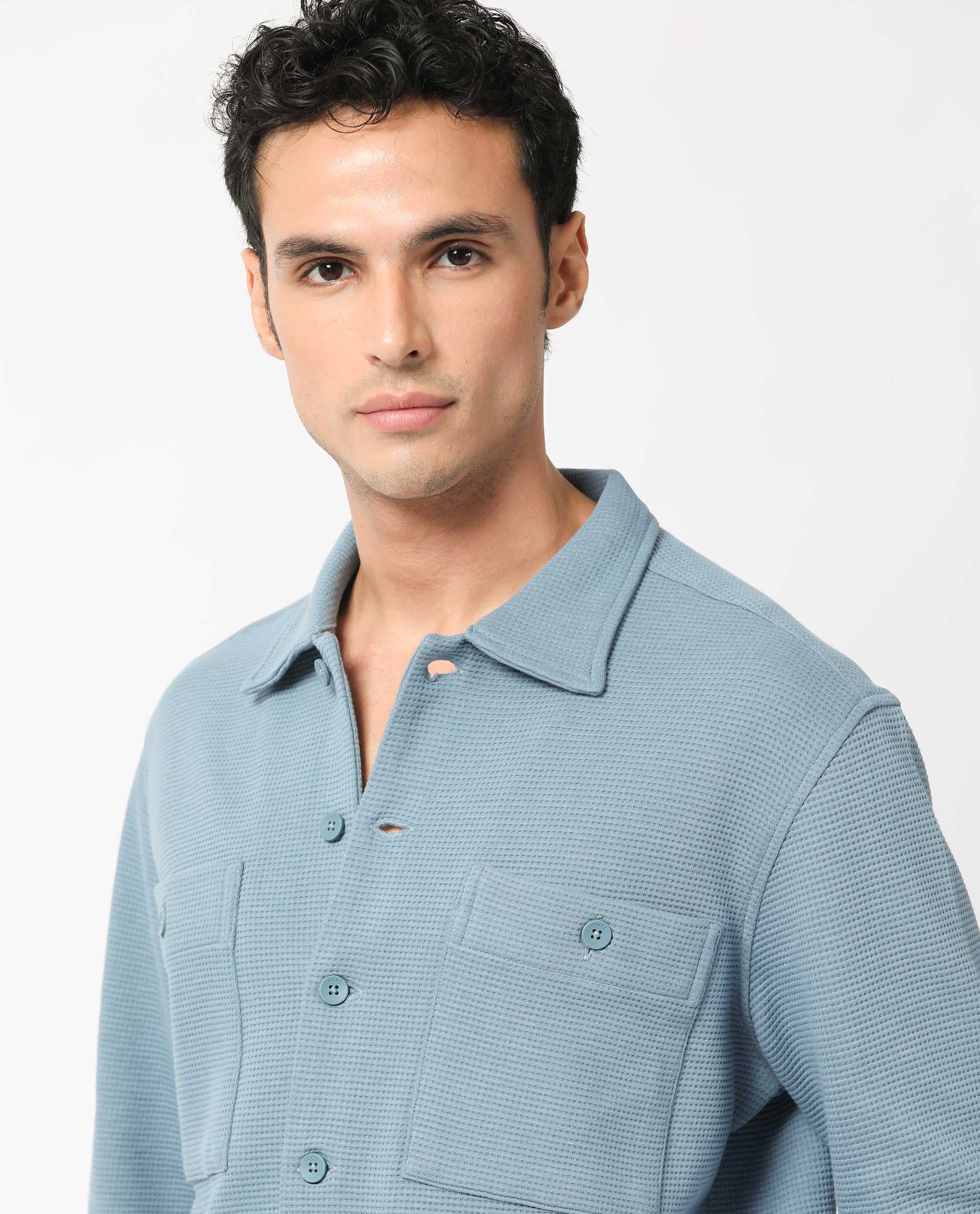 Rare Rabbit Men's Elric Dusky Teal Plain Regular Collar Waffle Knit Shacket