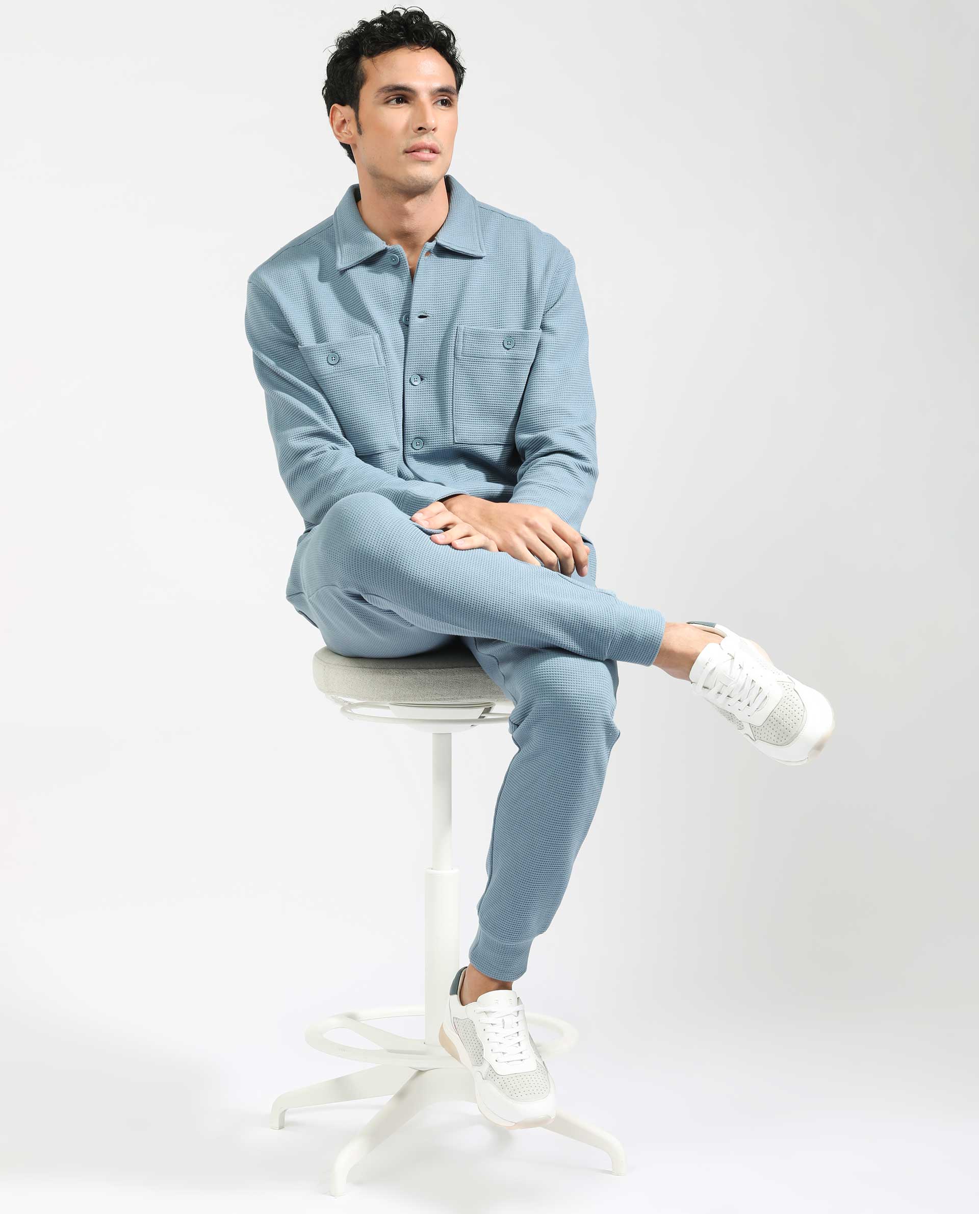 Rare Rabbit Men's Elric Dusky Teal Plain Regular Collar Waffle Knit Shacket