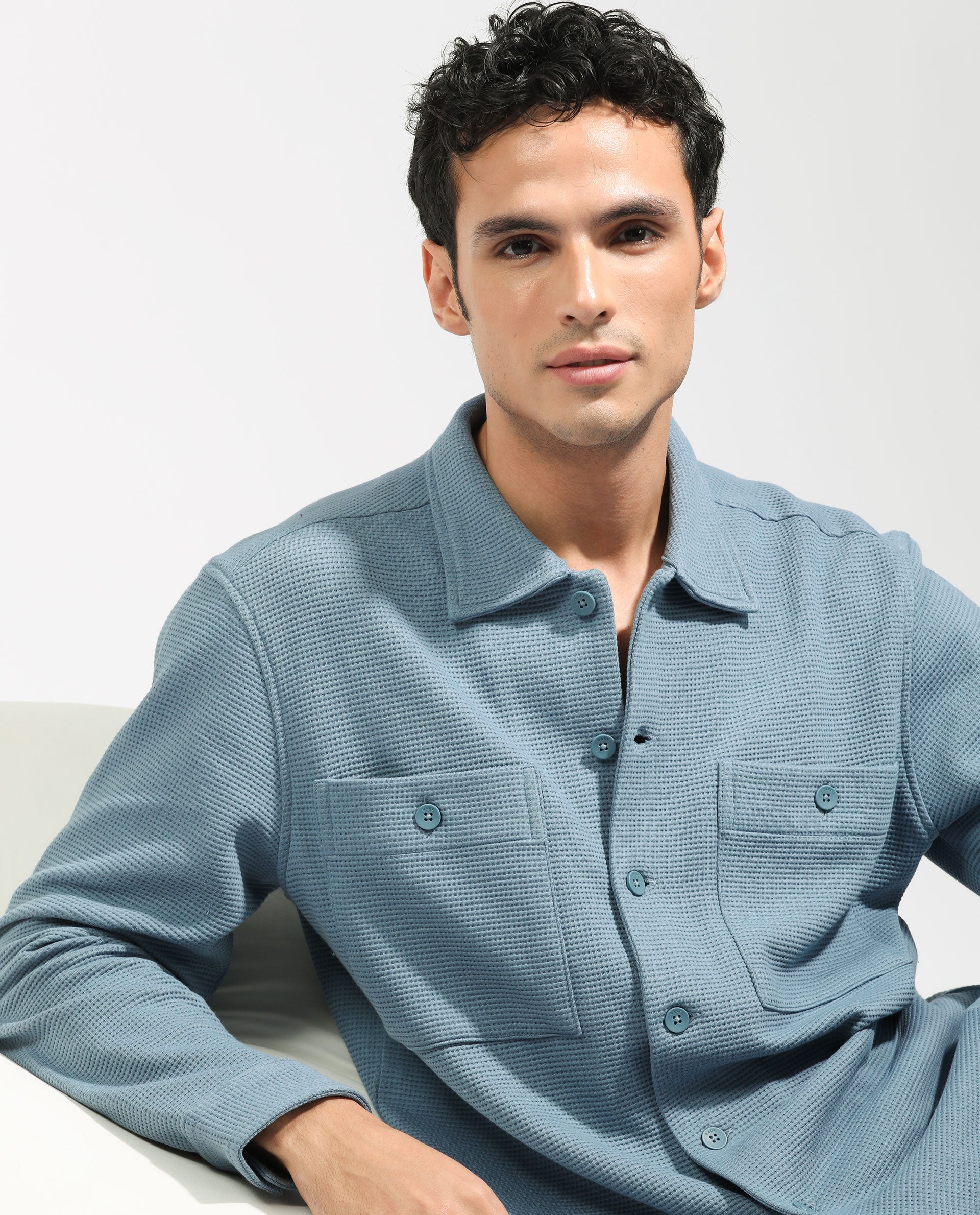 Rare Rabbit Men's Elric Dusky Teal Plain Regular Collar Waffle Knit Shacket