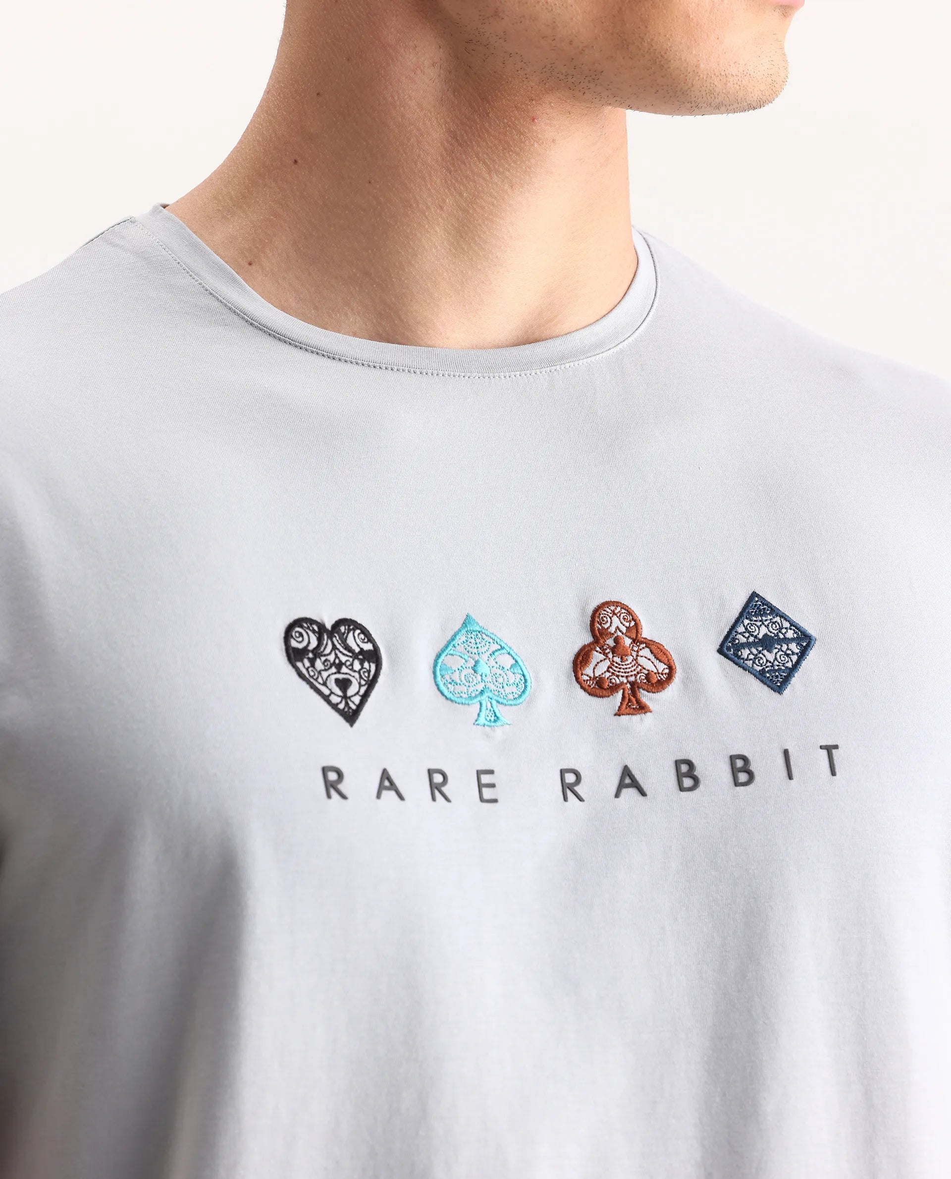 Rare Rabbit Men's Elro Light Grey Cotton Embroidered Regular Fit Half Sleeve Crew Neck T-Shirt