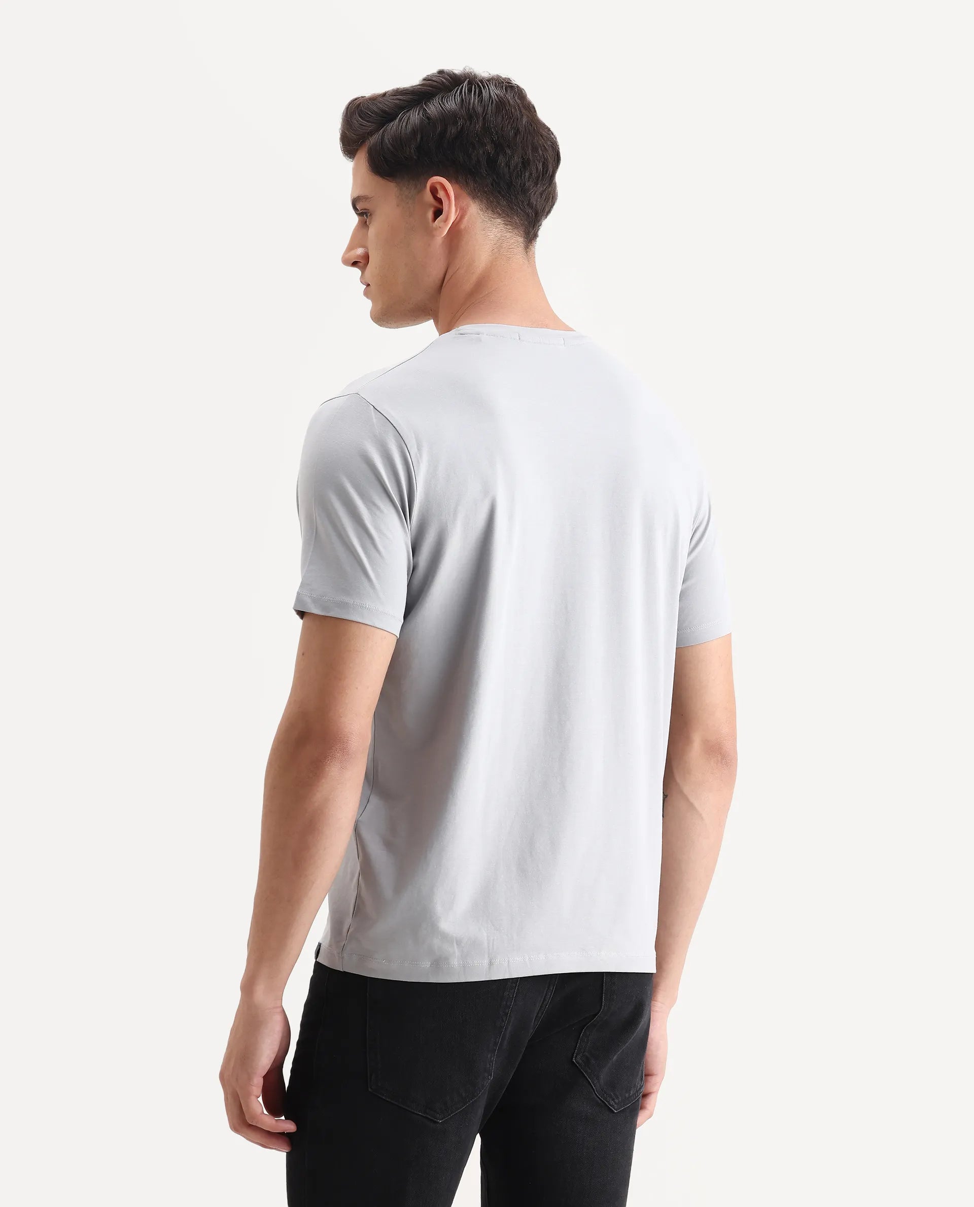 Rare Rabbit Men's Elro Light Grey Cotton Embroidered Regular Fit Half Sleeve Crew Neck T-Shirt