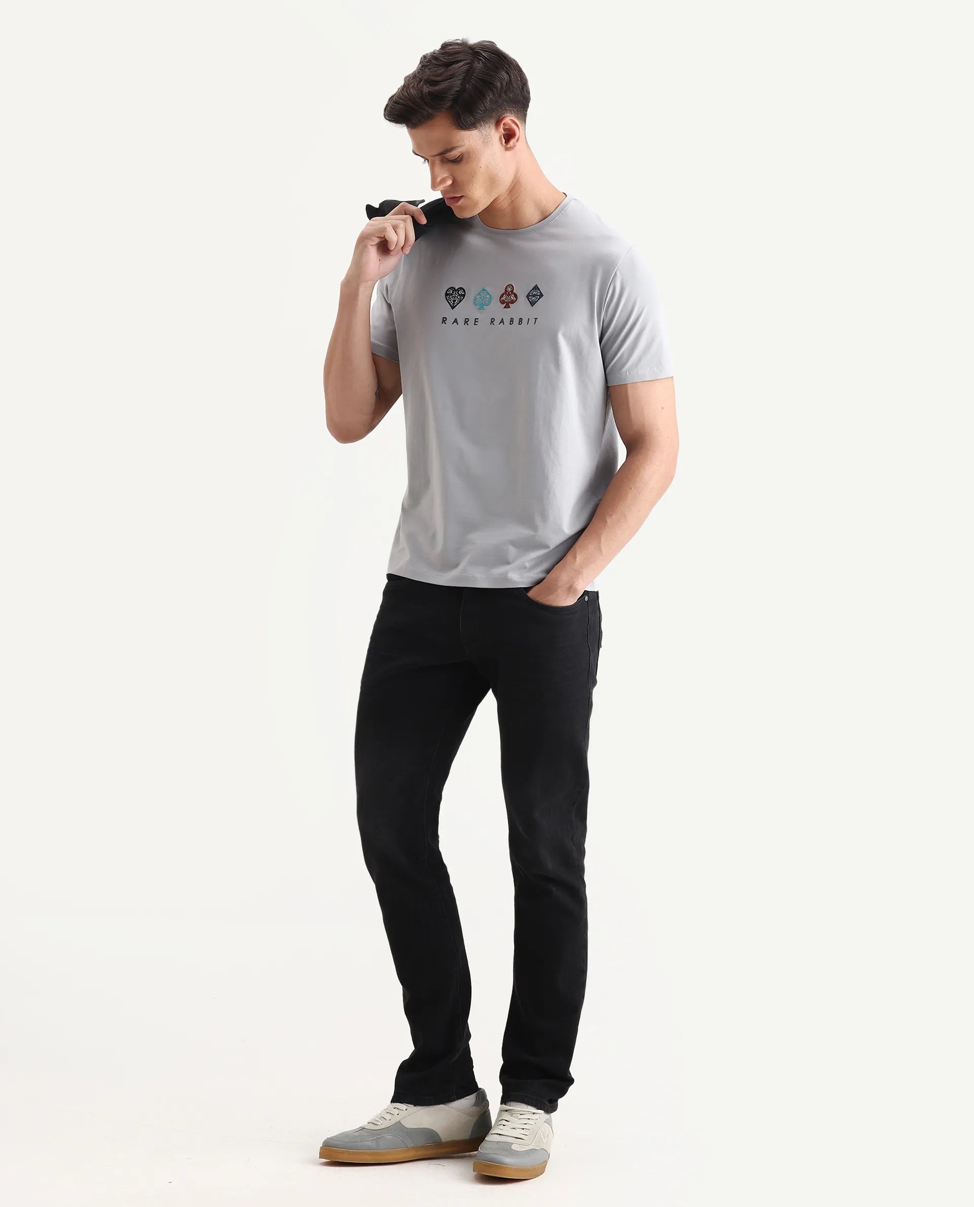 Rare Rabbit Men's Elro Light Grey Cotton Embroidered Regular Fit Half Sleeve Crew Neck T-Shirt