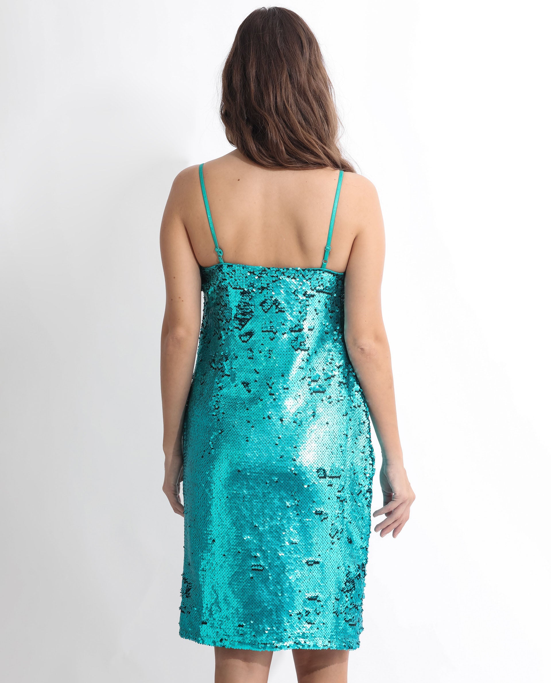 Rareism Women Elsa Sheen Blue Cowl Neck Spaghetti Straps Sequin Mini Dress