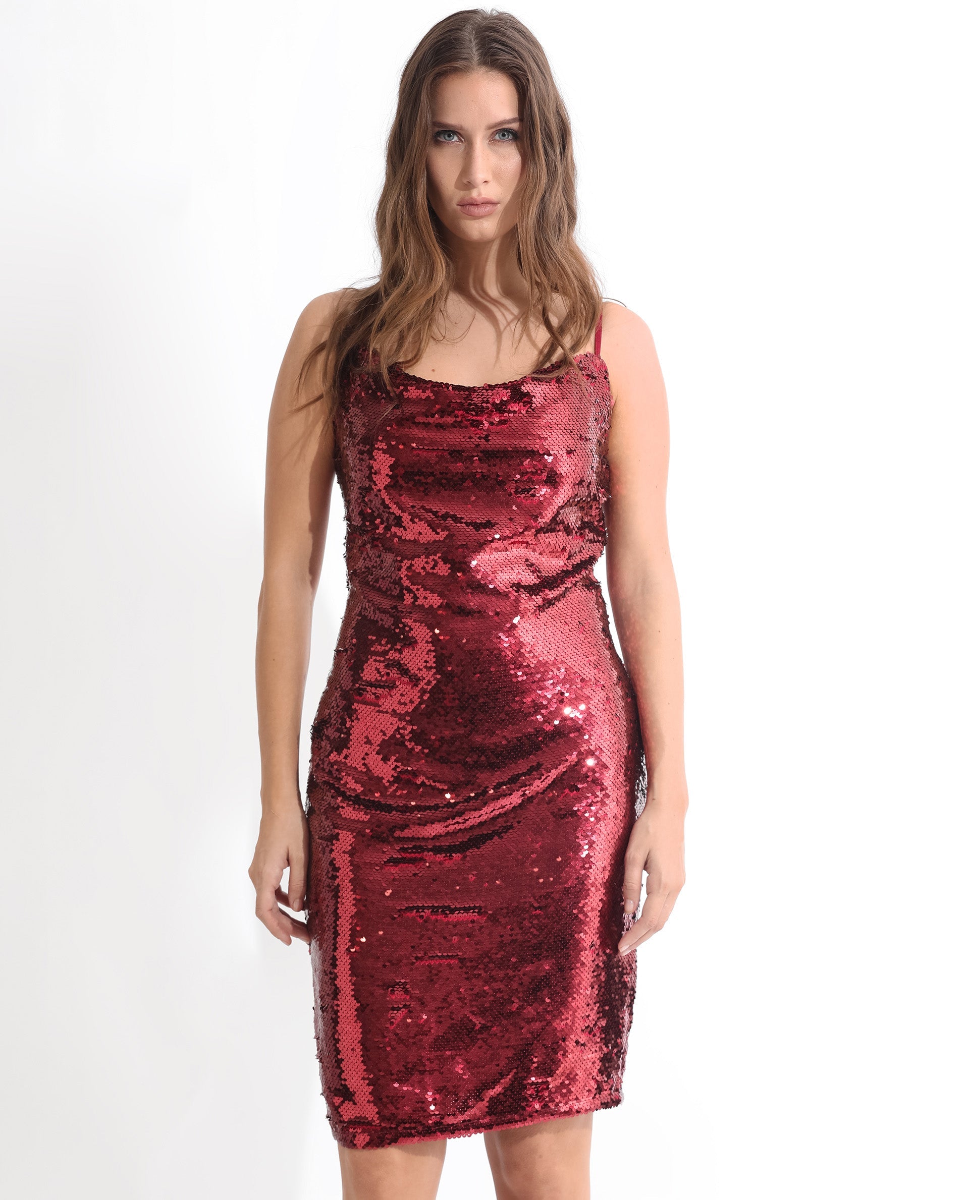 Rareism Women Elsa Sheen Red Polyester Fabric Sleeveless Zip Closure Cowl Neck Shoulder Straps Regular Fit Sequined Knee Length Empire Dress