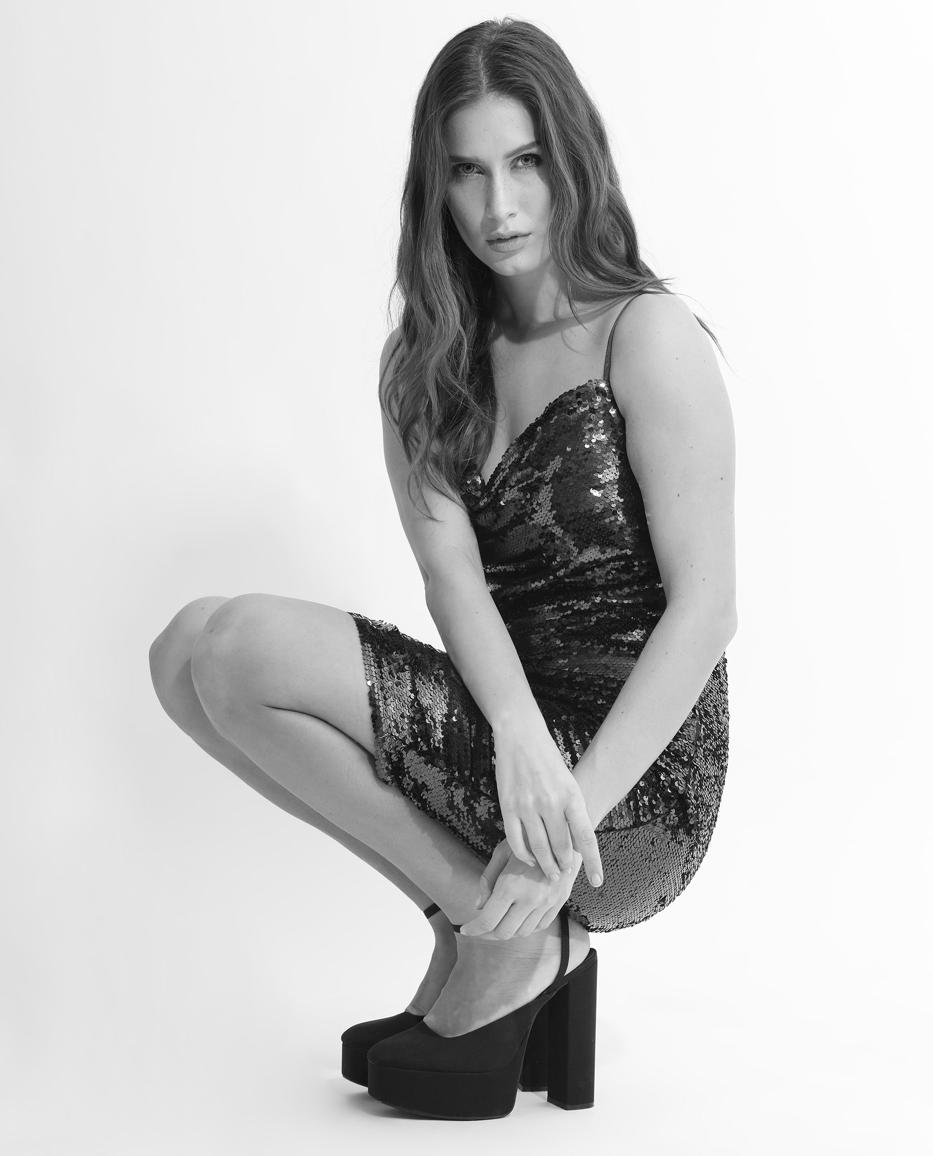 Rareism Women Elsa Sheen Red Polyester Fabric Sleeveless Zip Closure Cowl Neck Shoulder Straps Regular Fit Sequined Knee Length Empire Dress