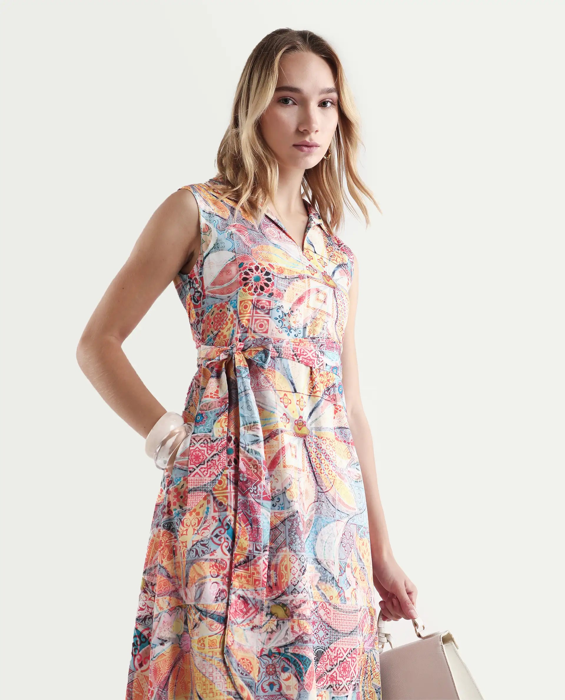 Rareism Women's Elsal Light Multi Cotton Blend Drop Collar Floral Print Sleeveless Midi Asymmetric Dress