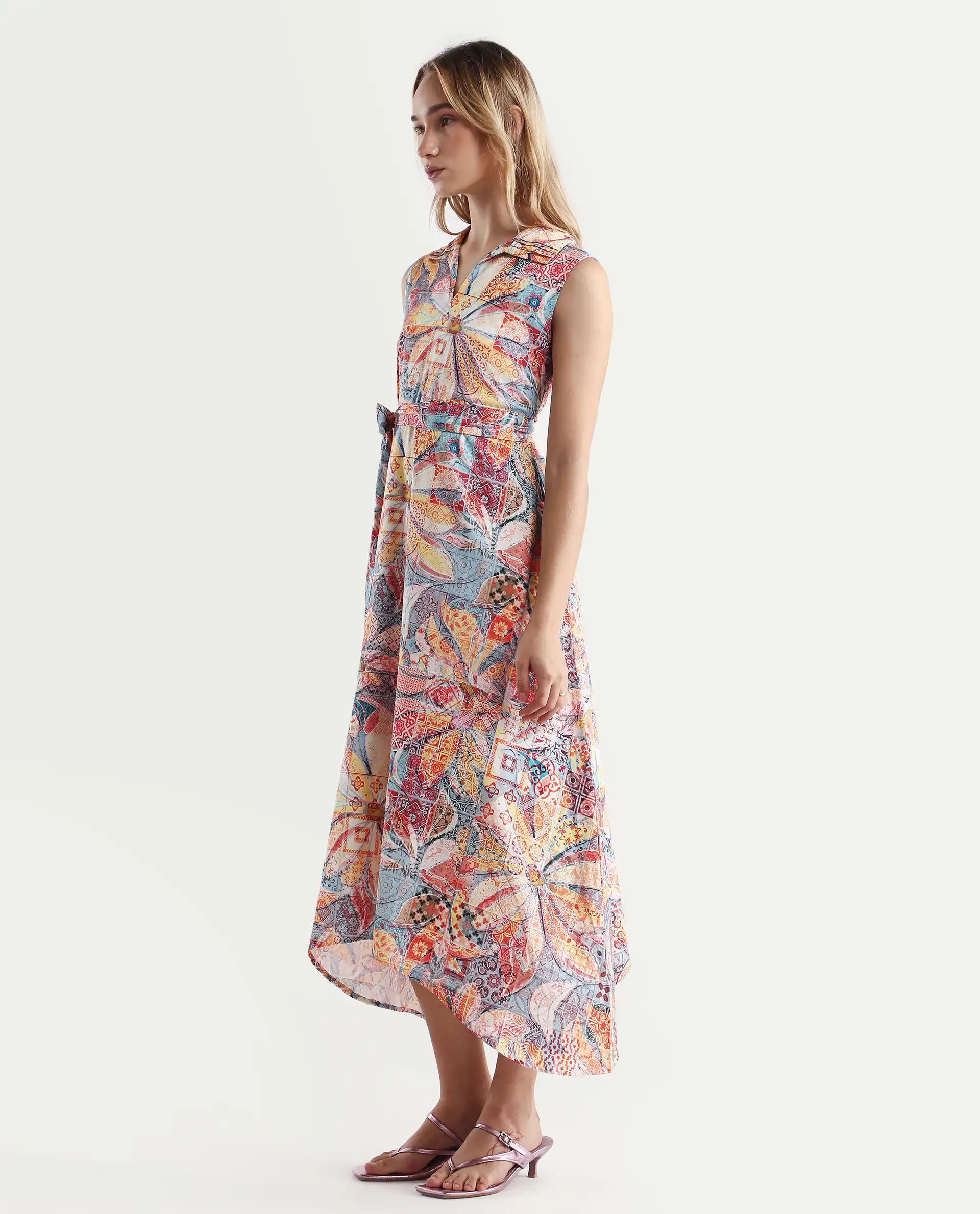 Rareism Women's Elsal Light Multi Cotton Blend Drop Collar Floral Print Sleeveless Midi Asymmetric Dress