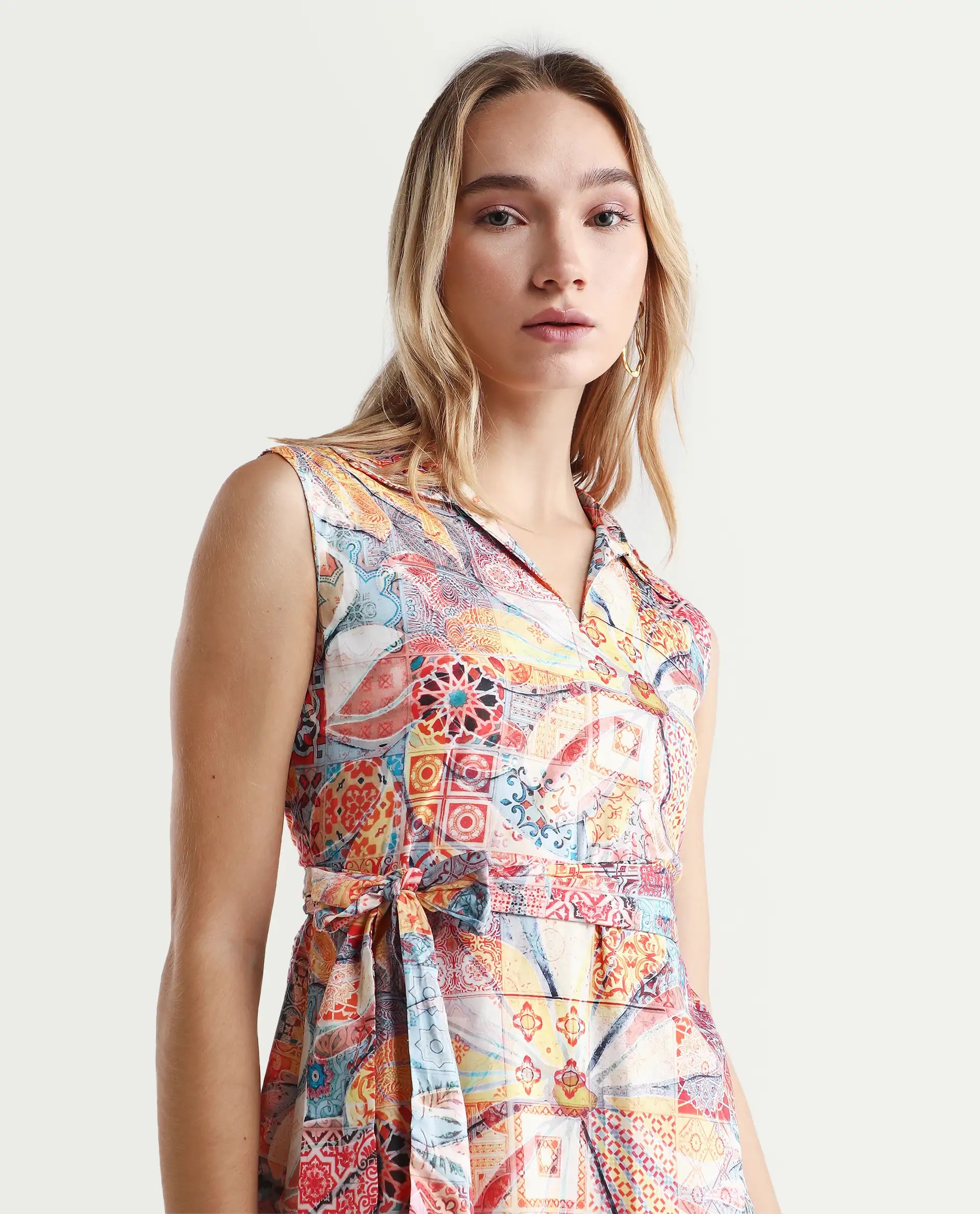 Rareism Women's Elsal Light Multi Cotton Blend Drop Collar Floral Print Sleeveless Midi Asymmetric Dress