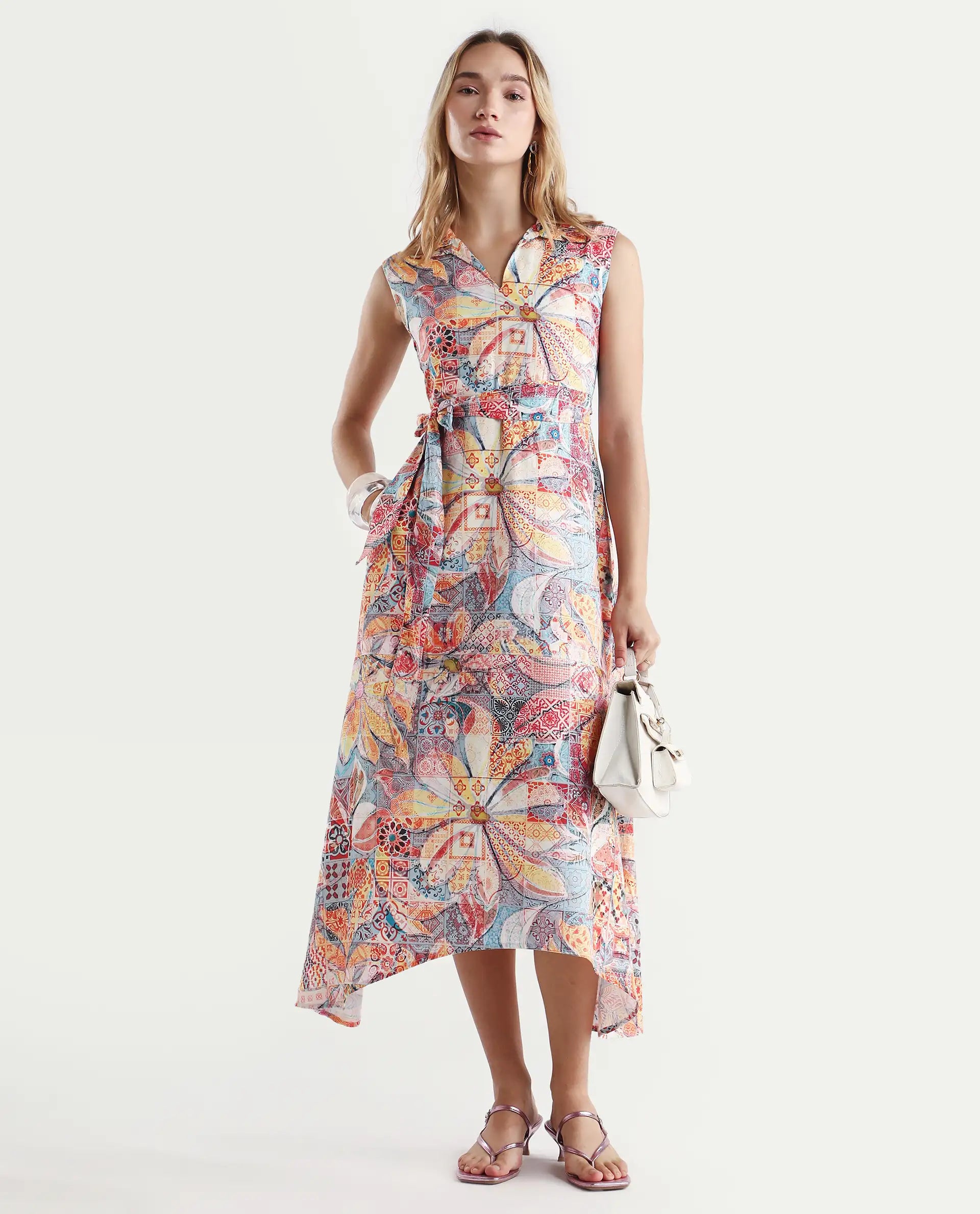 Rareism Women's Elsal Light Multi Cotton Blend Drop Collar Floral Print Sleeveless Midi Asymmetric Dress