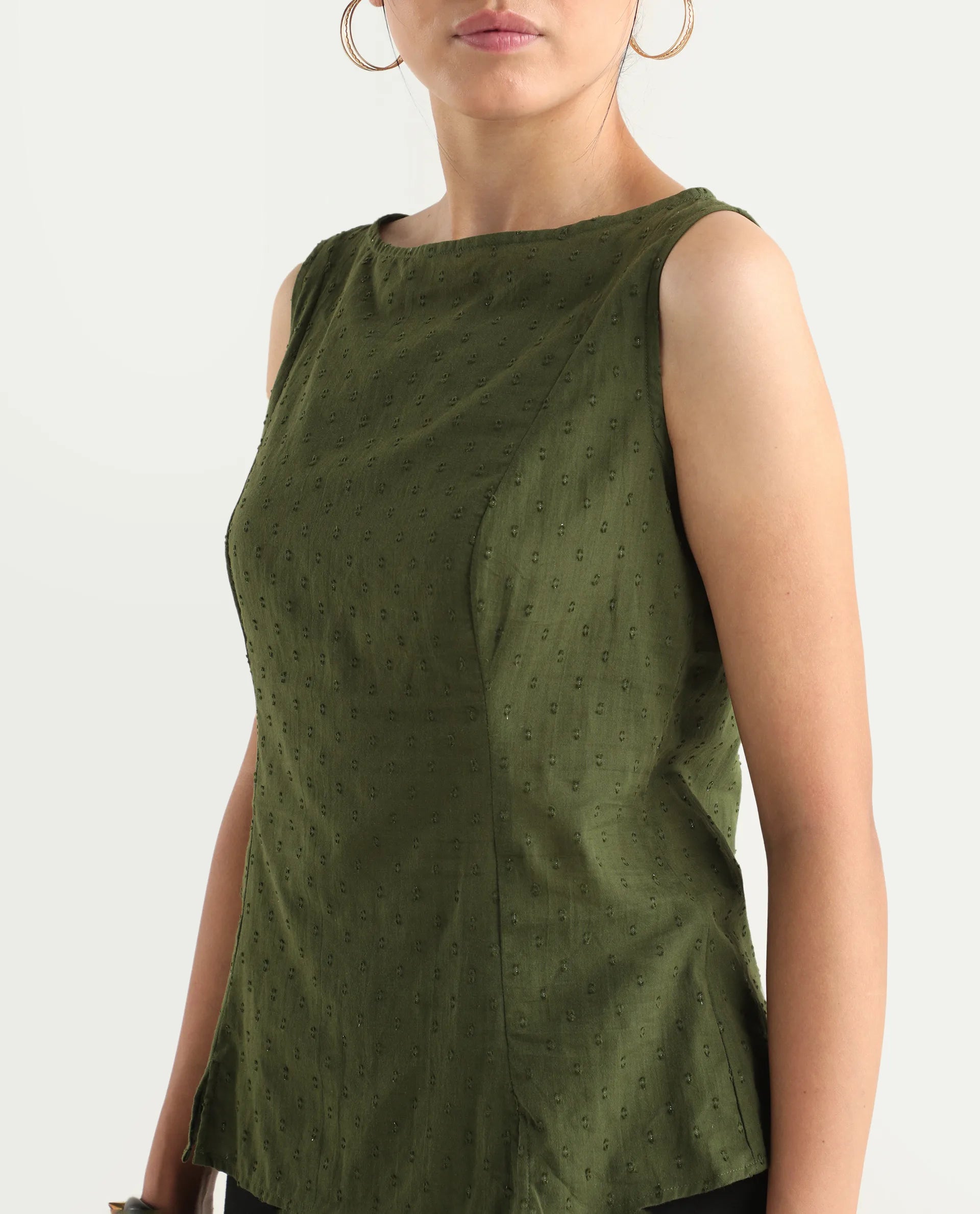 Rareism Women's Elsha Olive Cotton Blend Boat Neck Regular Fit Plain Top
