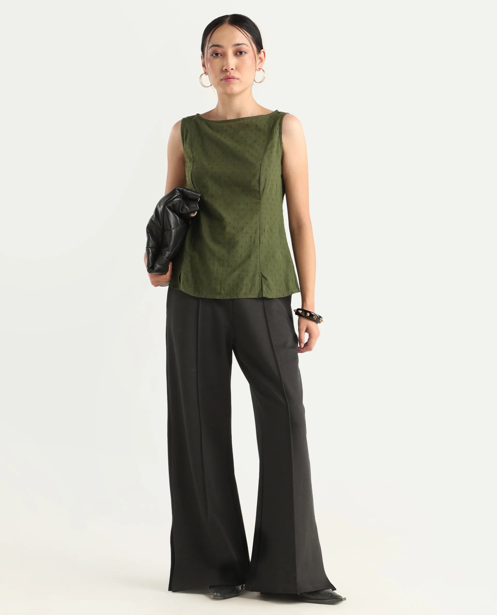 Rareism Women's Elsha Olive Cotton Blend Boat Neck Regular Fit Plain Top