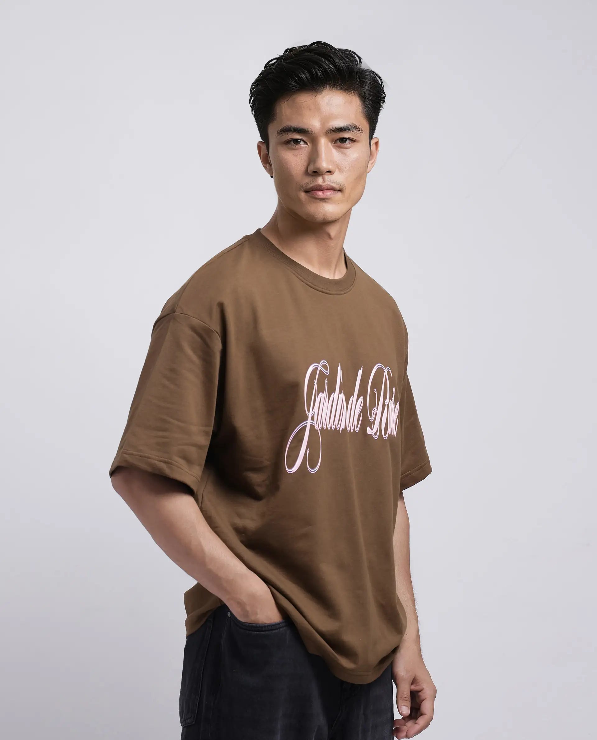 Rare Rabbit Men Elton Brown Cotton Fabric Short Sleeve Crew Neck Oversized Fit Hd Print T-Shirt