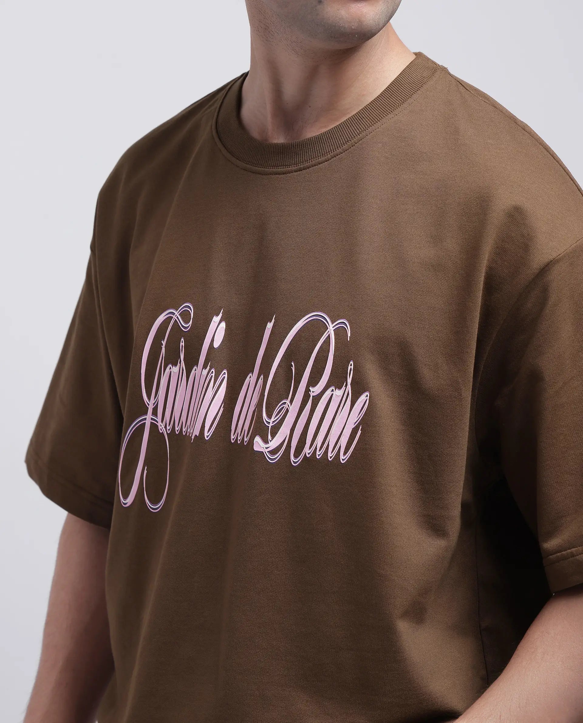 Rare Rabbit Men Elton Brown Cotton Fabric Short Sleeve Crew Neck Oversized Fit Hd Print T-Shirt