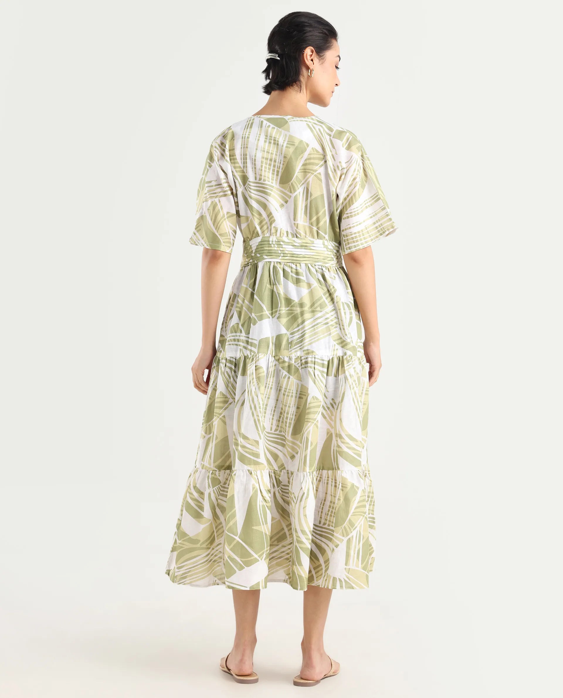Rareism Women's Eltuz Light Green Cotton Blend V-Neck Abstract Print Extended Sleeves Maxi Fit And Flare Dress