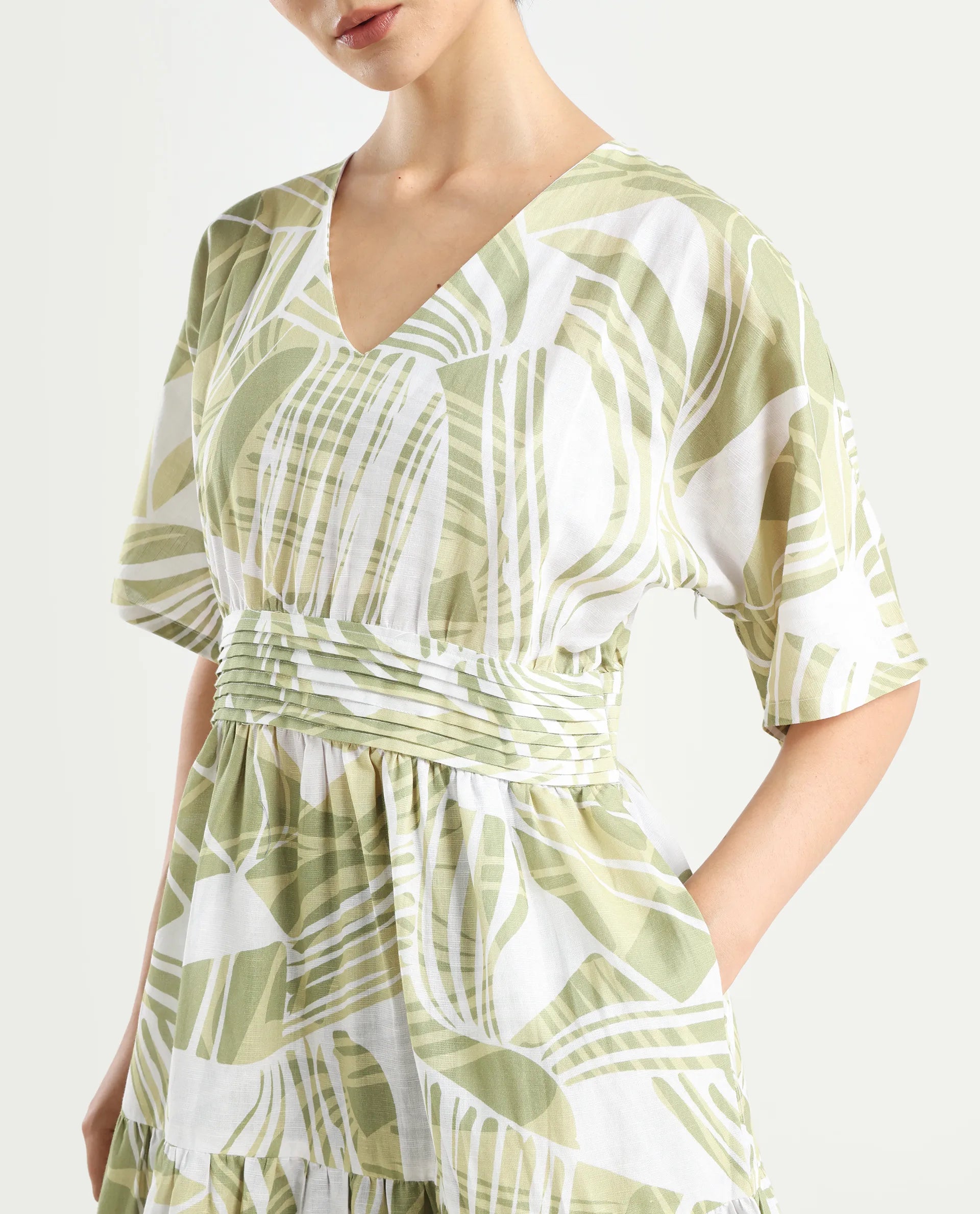 Rareism Women's Eltuz Light Green Cotton Blend V-Neck Abstract Print Extended Sleeves Maxi Fit And Flare Dress