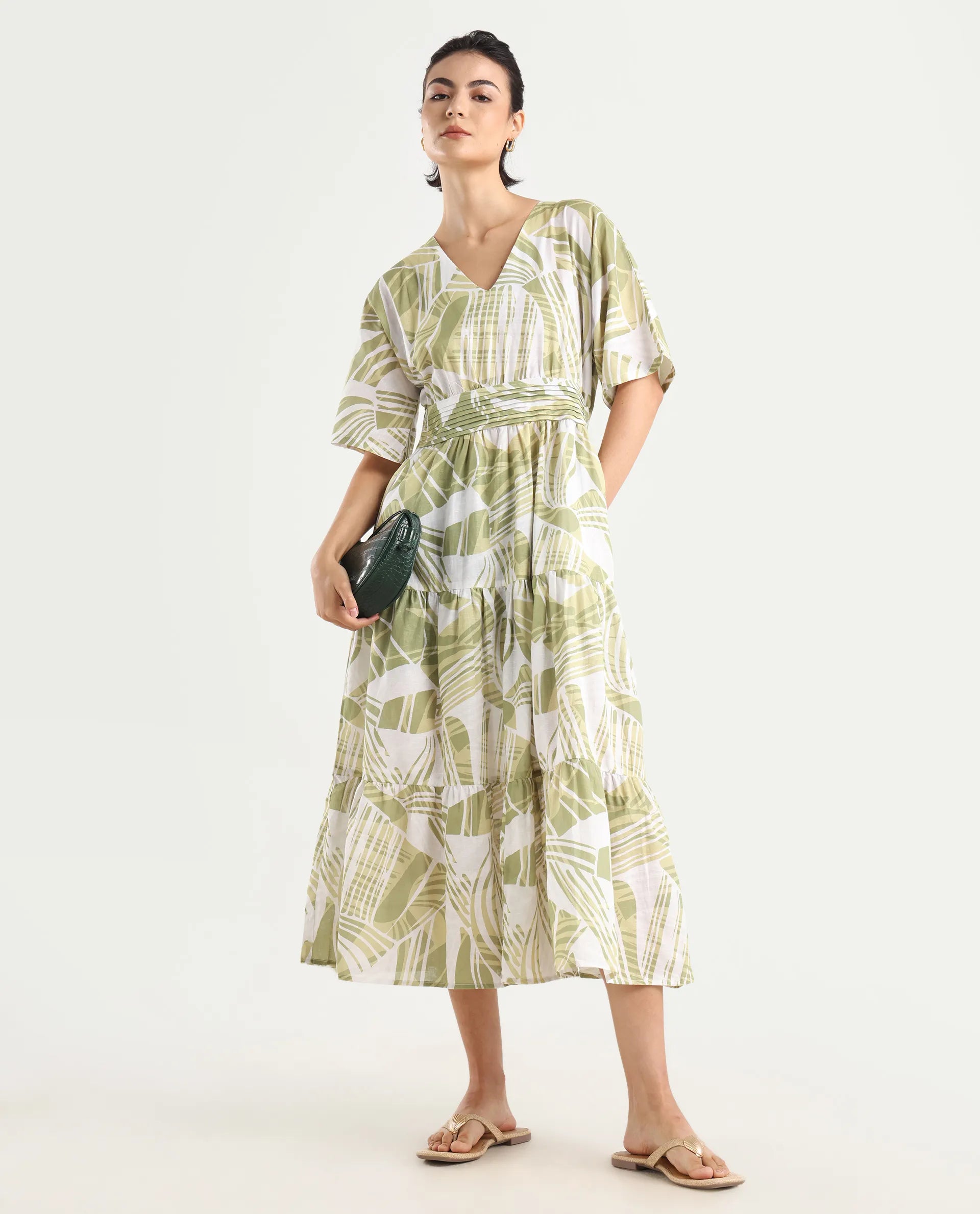 Rareism Women's Eltuz Light Green Cotton Blend V-Neck Abstract Print Extended Sleeves Maxi Fit And Flare Dress