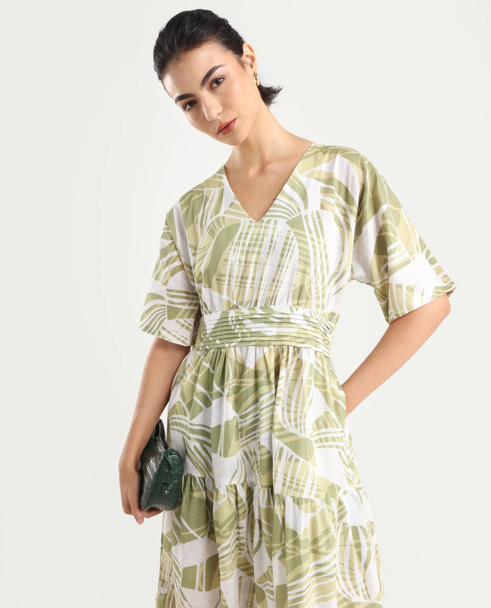 Rareism Women's Eltuz Light Green Cotton Blend V-Neck Abstract Print Extended Sleeves Maxi Fit And Flare Dress