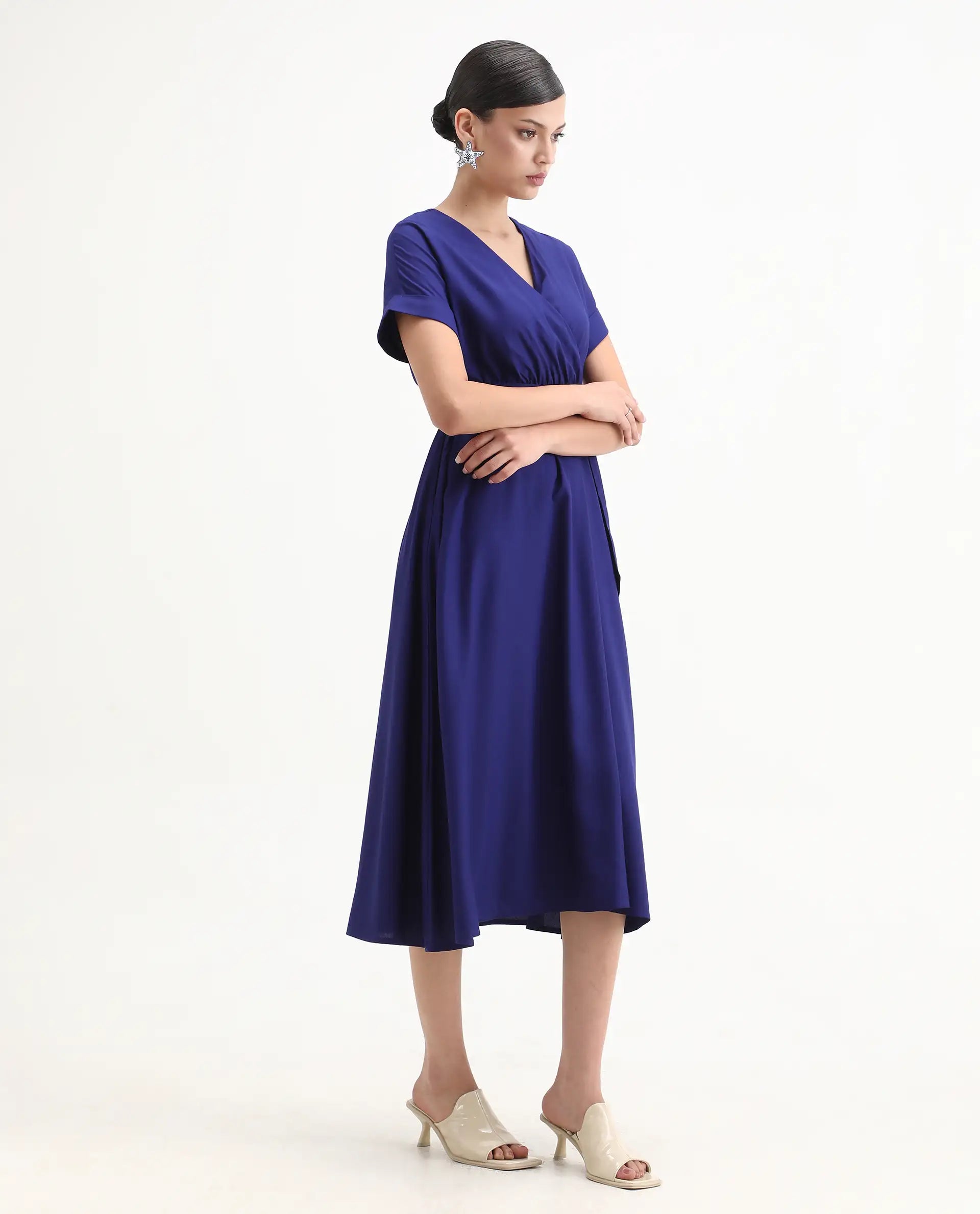 Rareism Women's Elvin Blue Viscose Extended Sleeves V-Neck Flared Fit Plain Midi Dress