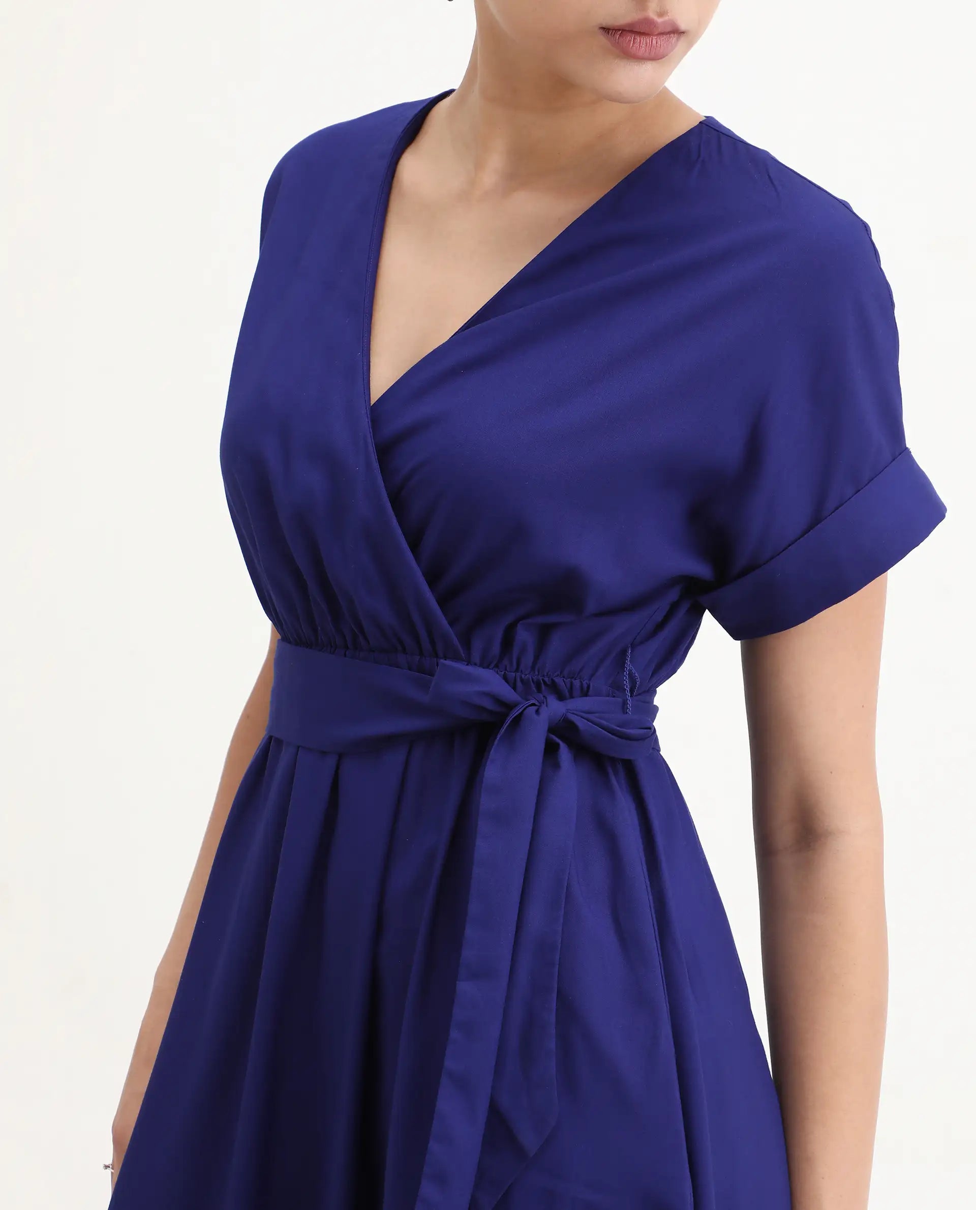 Rareism Women's Elvin Blue Viscose Extended Sleeves V-Neck Flared Fit Plain Midi Dress