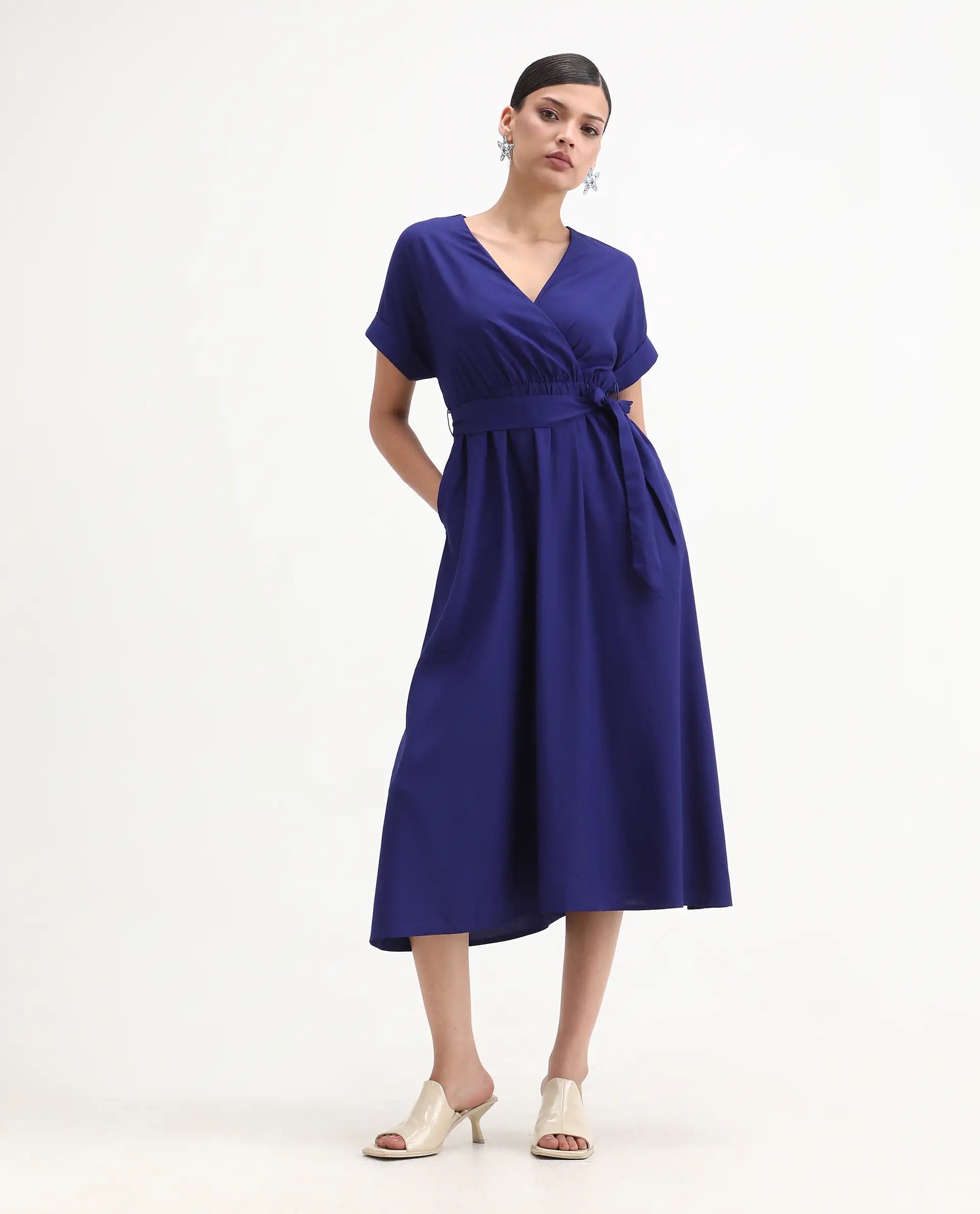 Rareism Women's Elvin Blue Viscose Extended Sleeves V-Neck Flared Fit Plain Midi Dress
