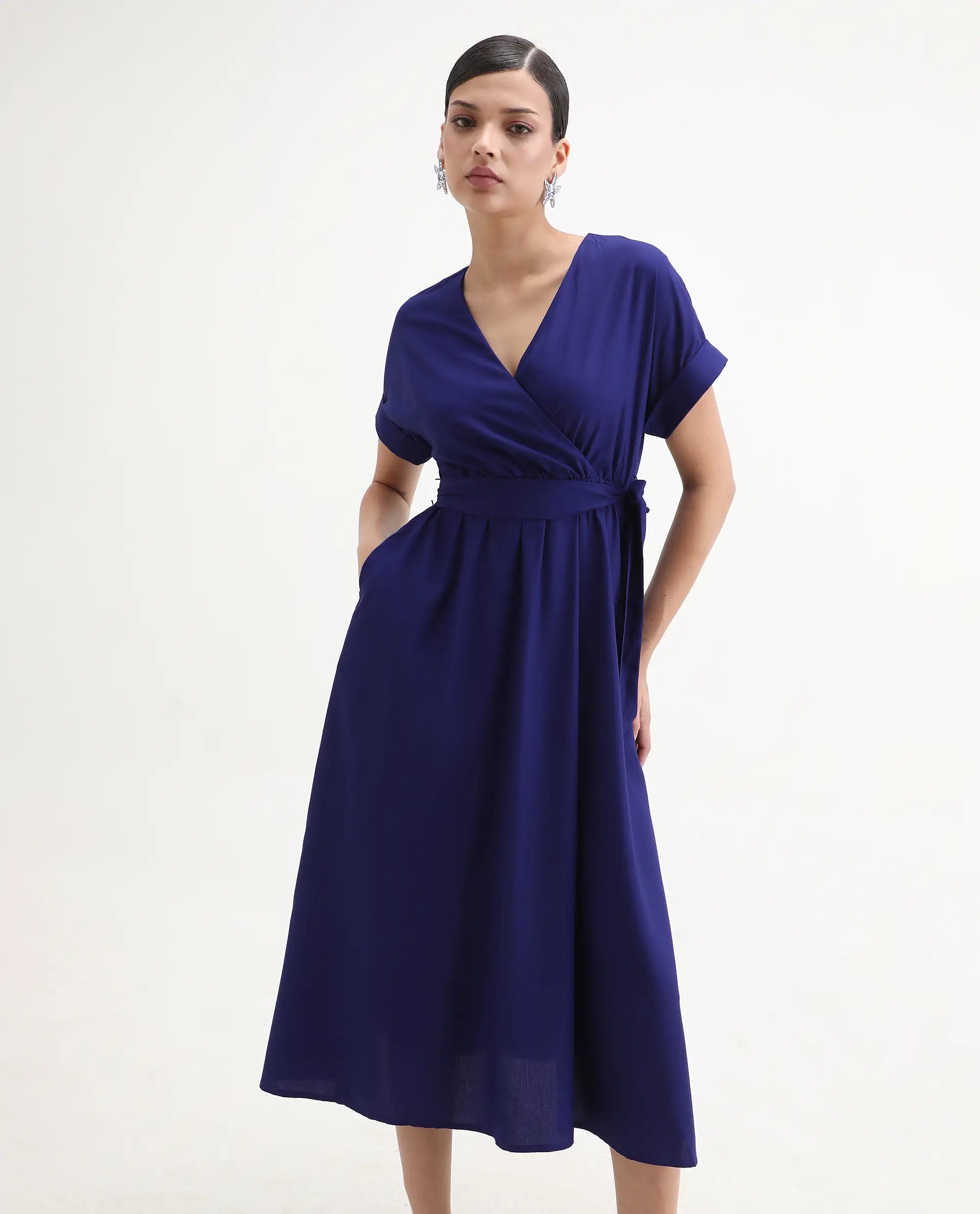 Rareism Women's Elvin Blue Viscose Extended Sleeves V-Neck Flared Fit Plain Midi Dress