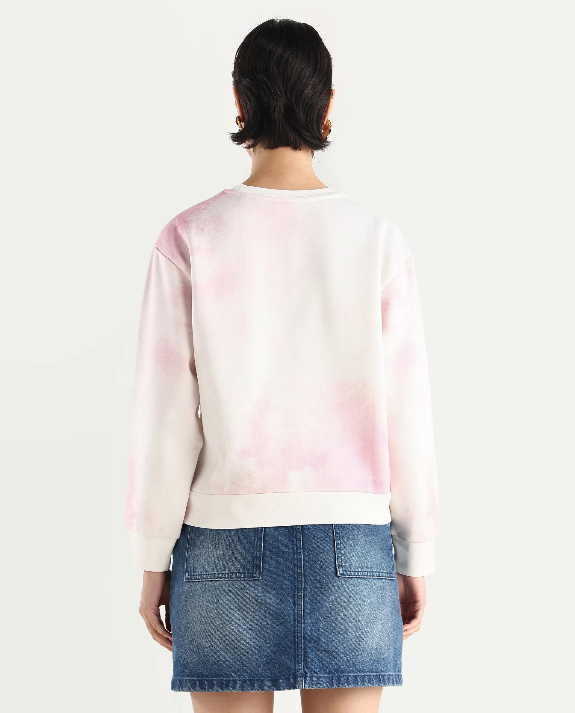 Rareism Women's Elvis Off White Cotton Blend Crew Neck Ombre Relaxed Fit Sweatshirt