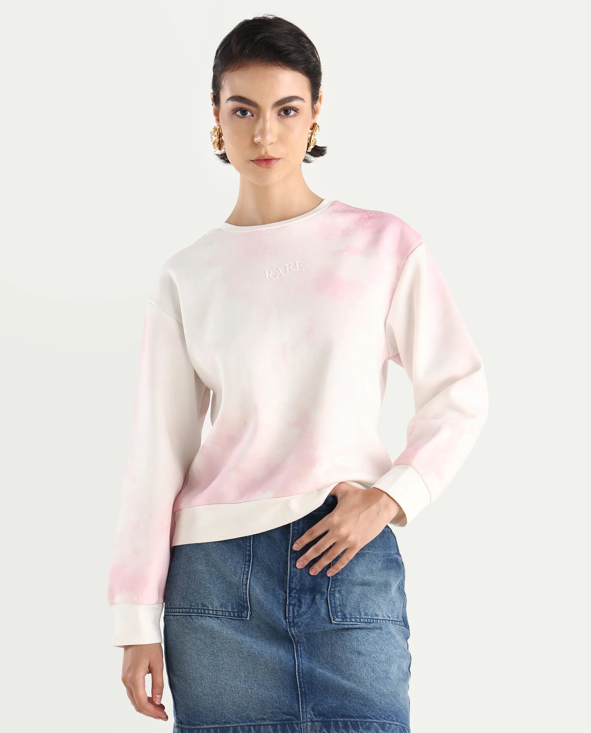 Rareism Women's Elvis Off White Cotton Blend Crew Neck Ombre Relaxed Fit Sweatshirt