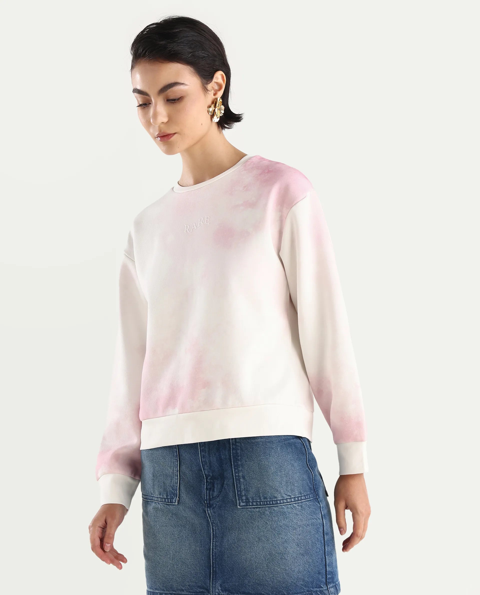 Rareism Women's Elvis Off White Cotton Blend Crew Neck Ombre Relaxed Fit Sweatshirt