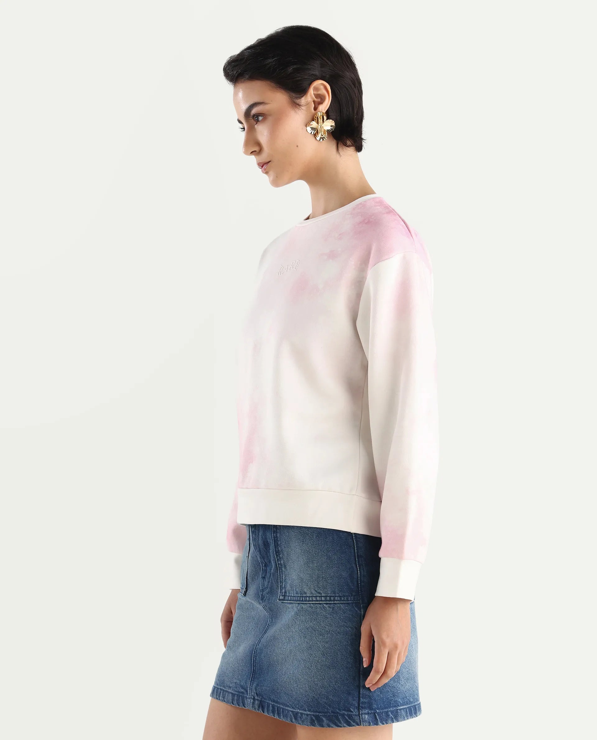 Rareism Women's Elvis Off White Cotton Blend Crew Neck Ombre Relaxed Fit Sweatshirt