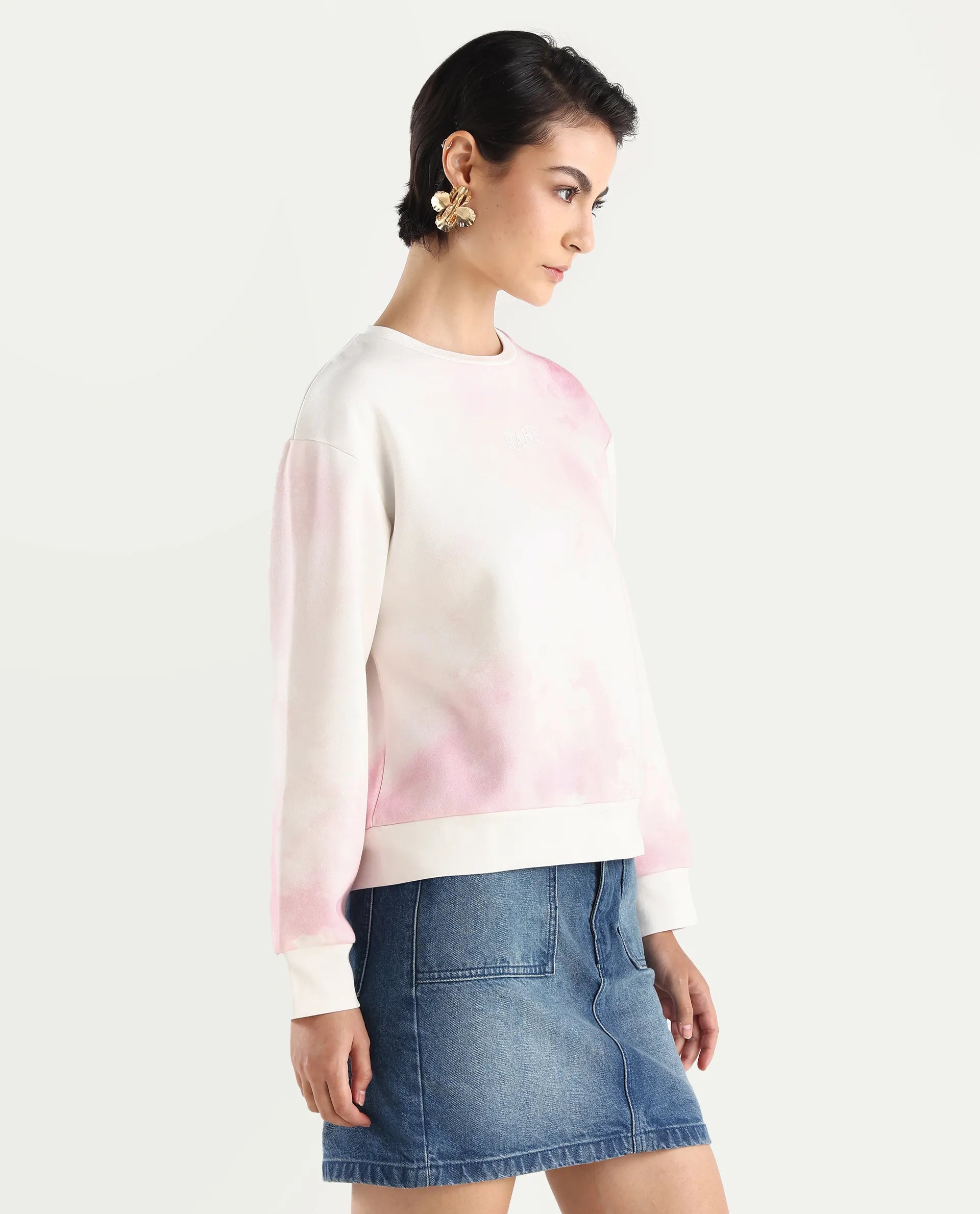 Rareism Women's Elvis Off White Cotton Blend Crew Neck Ombre Relaxed Fit Sweatshirt